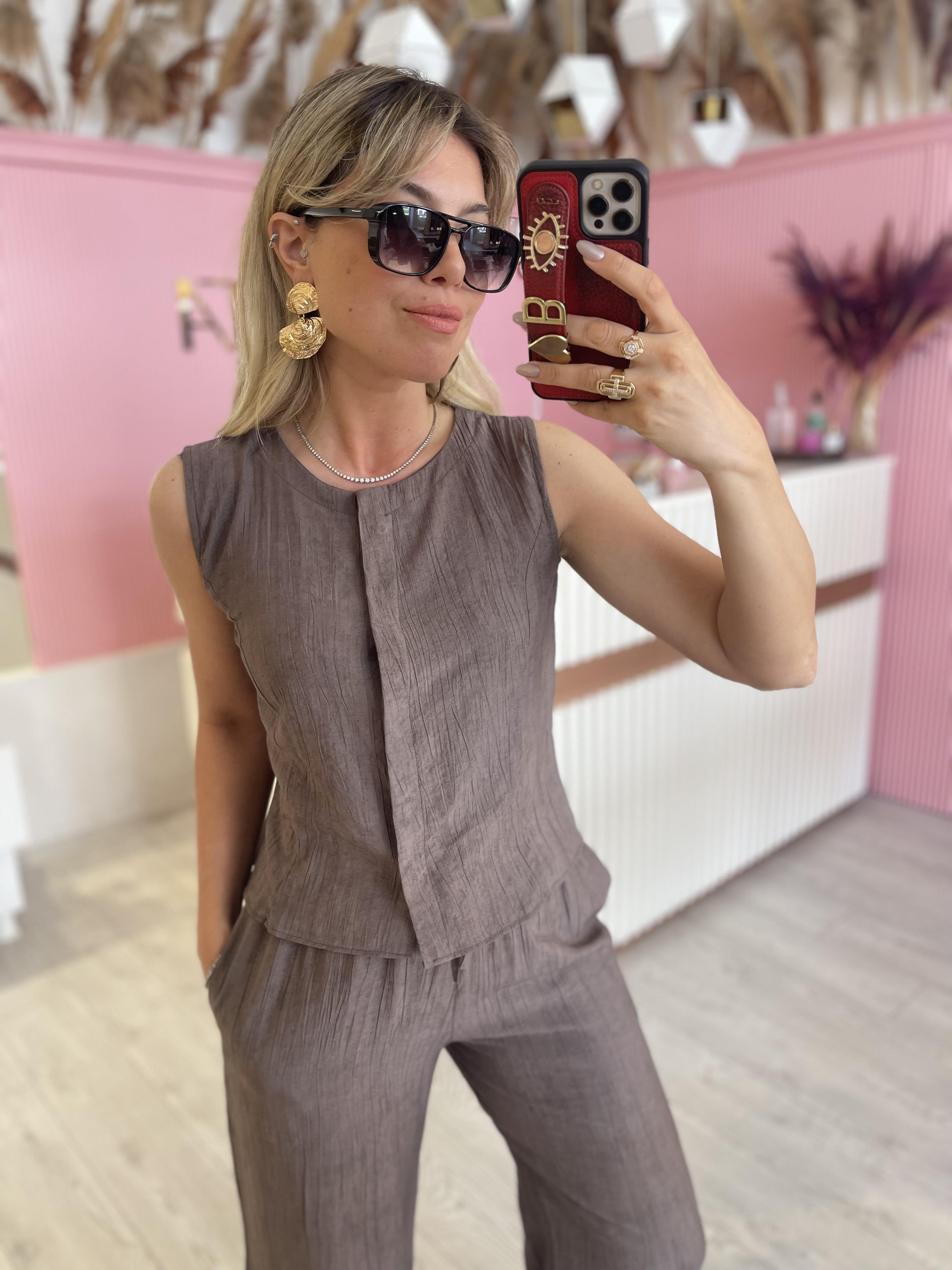 Kahve Vizon Tensel Yelek Pantolon Takım