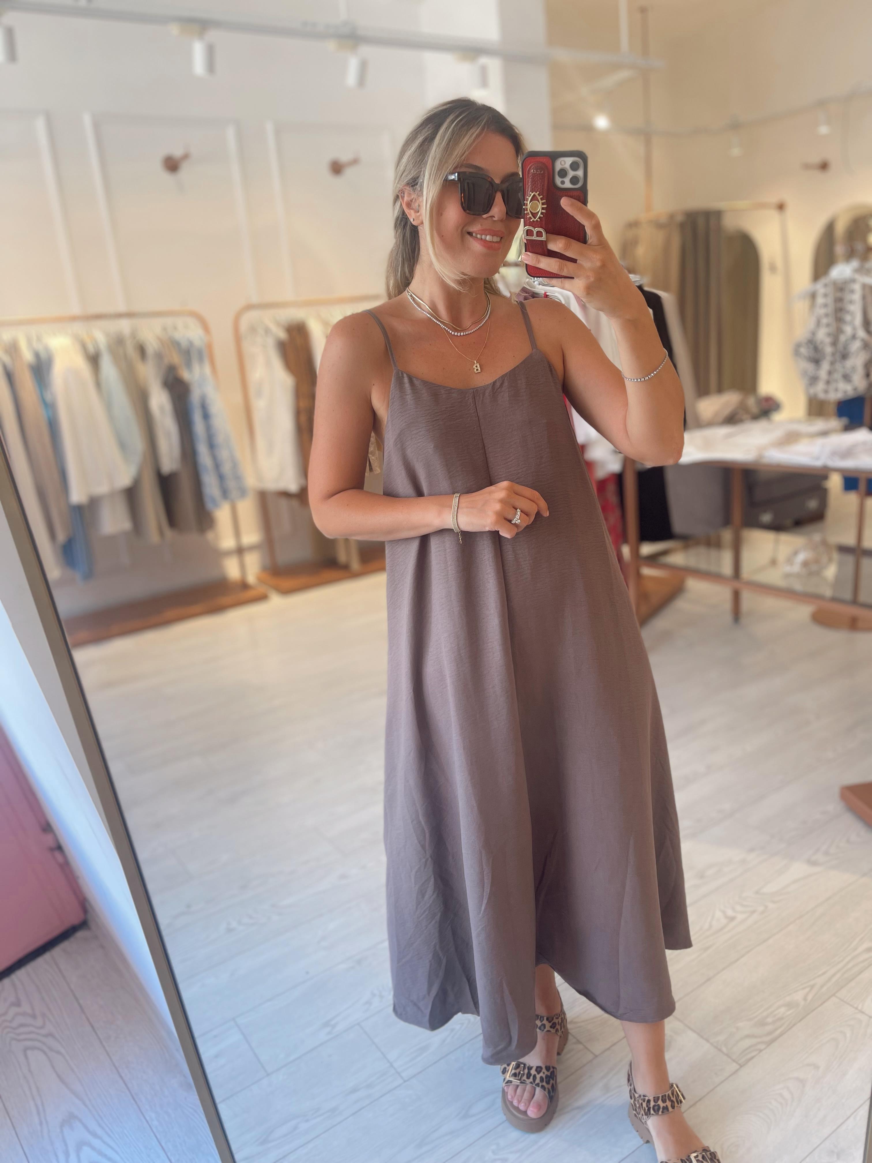 Kahverengi Ayarlanabilir Askılı Maxi Elbise