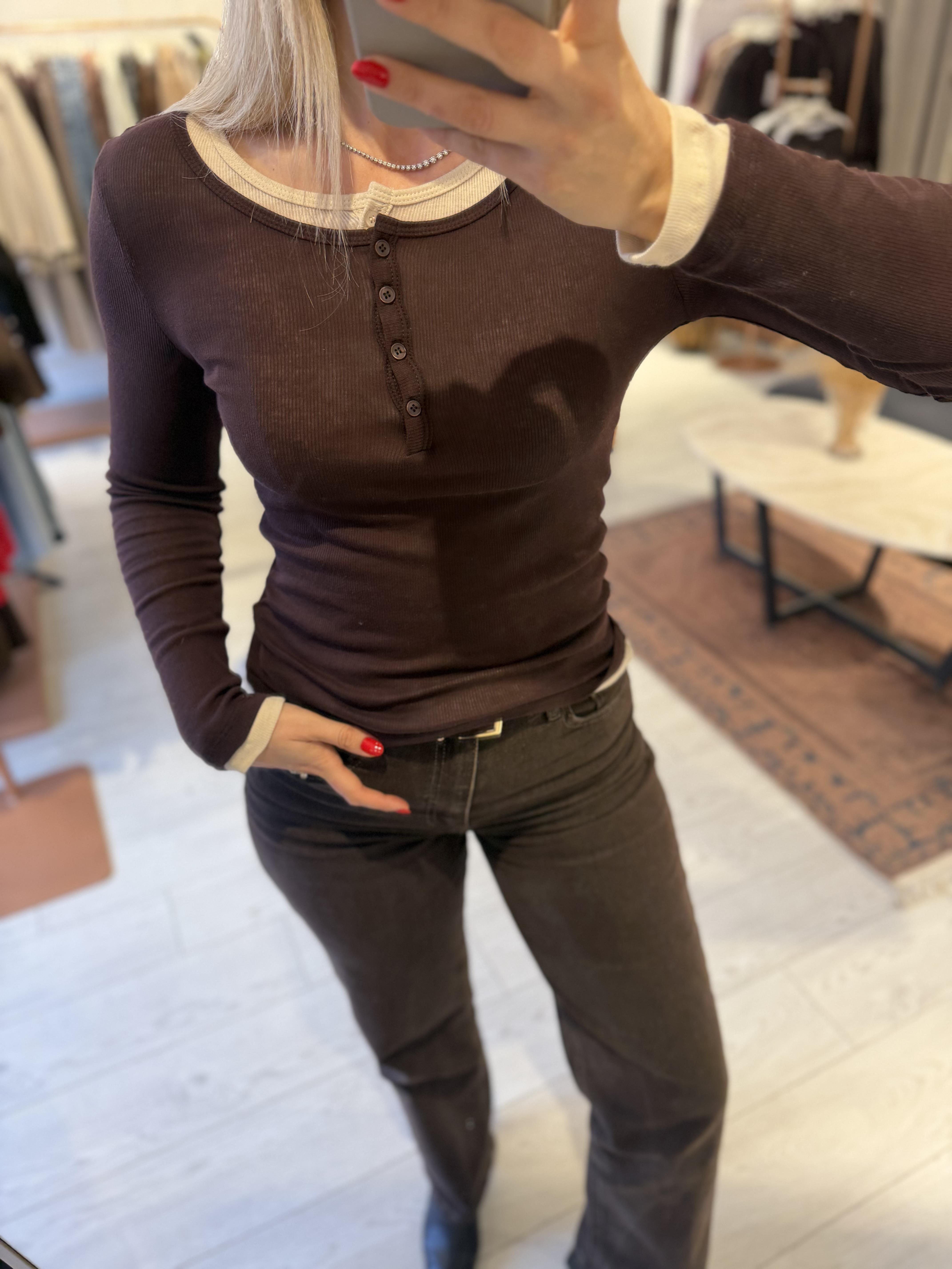 Kahverengi Çift Görünümlü Düğmeli Bluz – Uzun Kollu Pamuk Bisiklet Yaka Kadın Bluz, Tam Kalıp