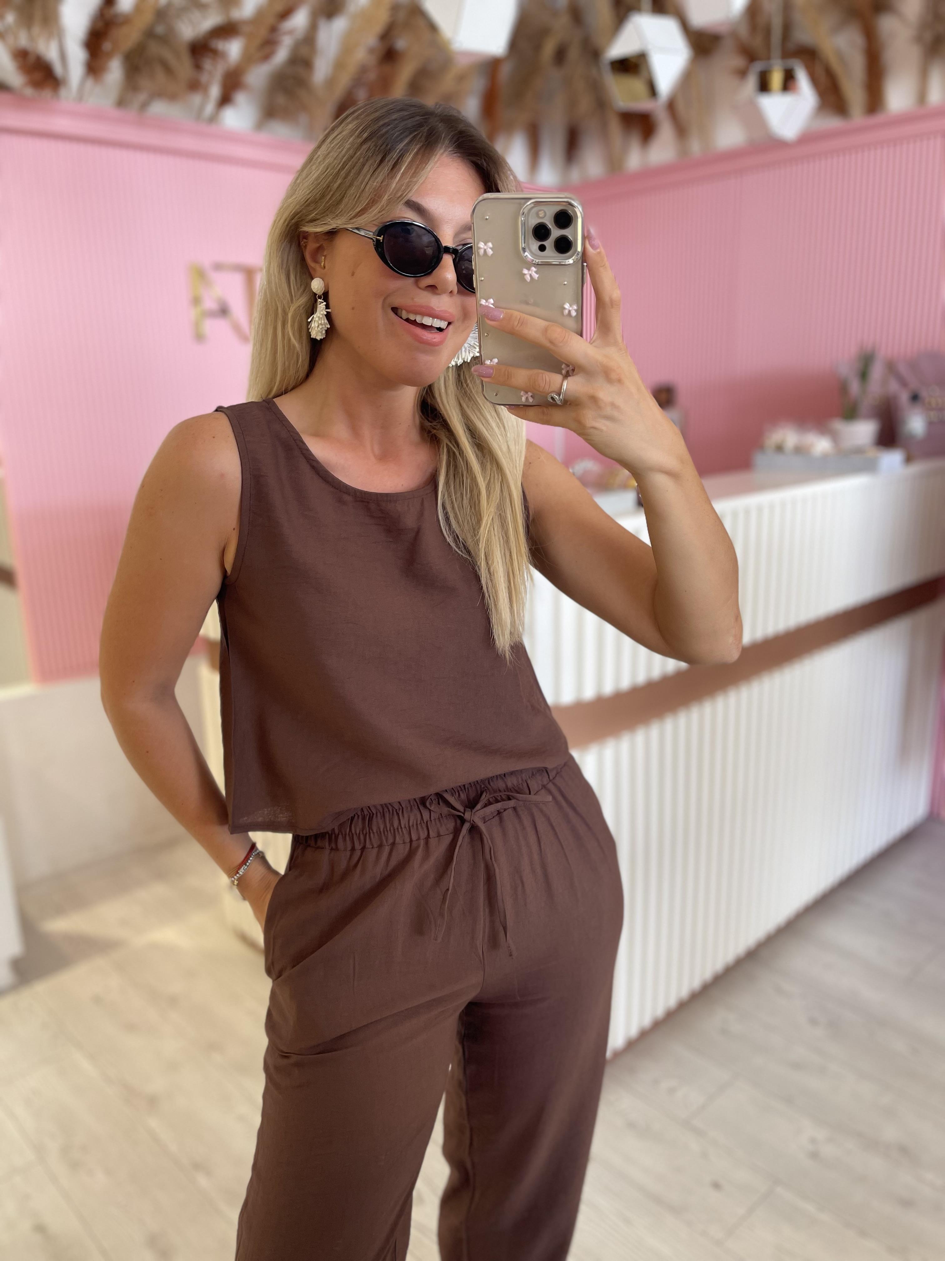 Kahverengi Keten Bluz