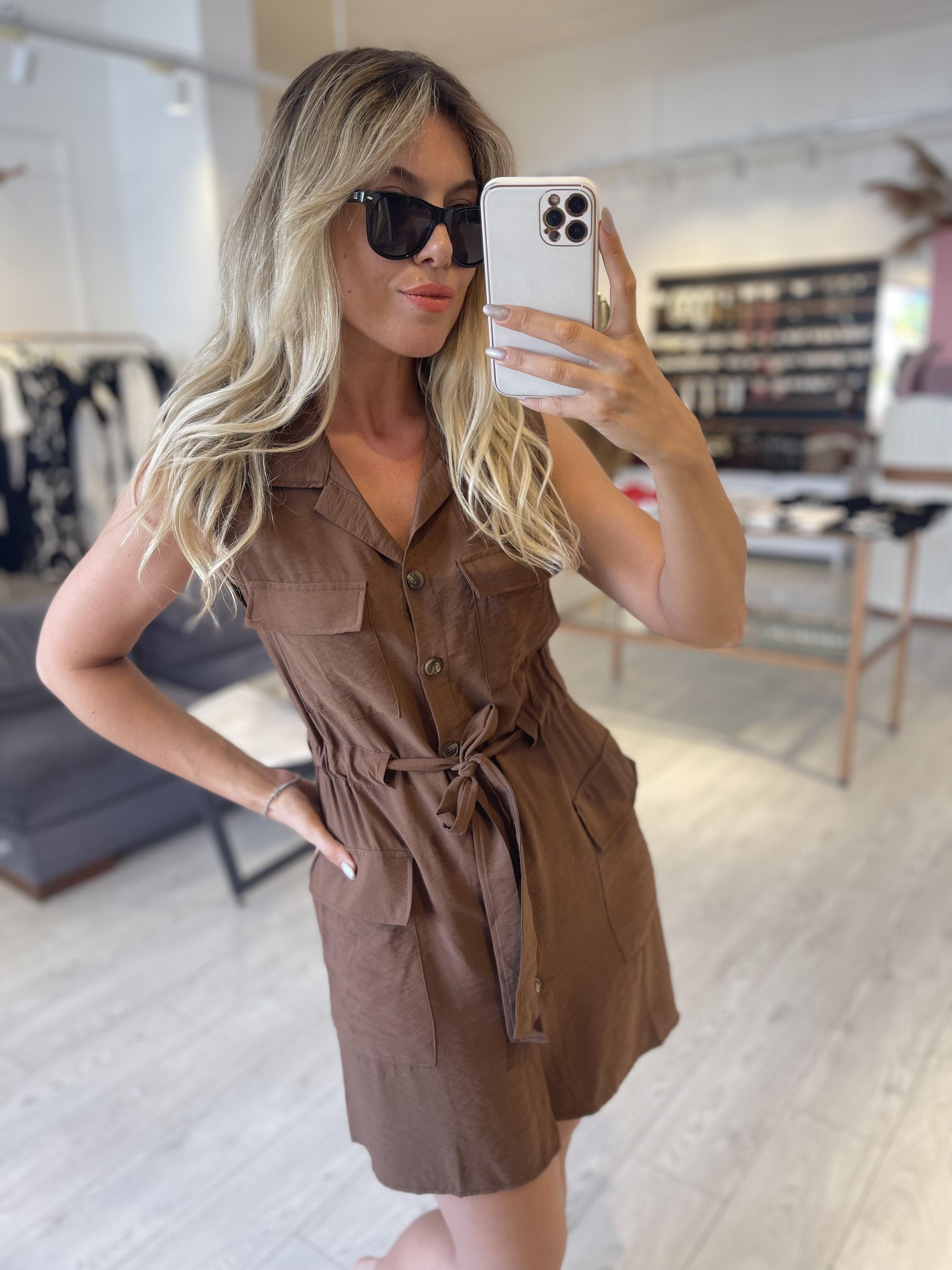 Kahverengi Mini Tensel Düğmeli Elbise