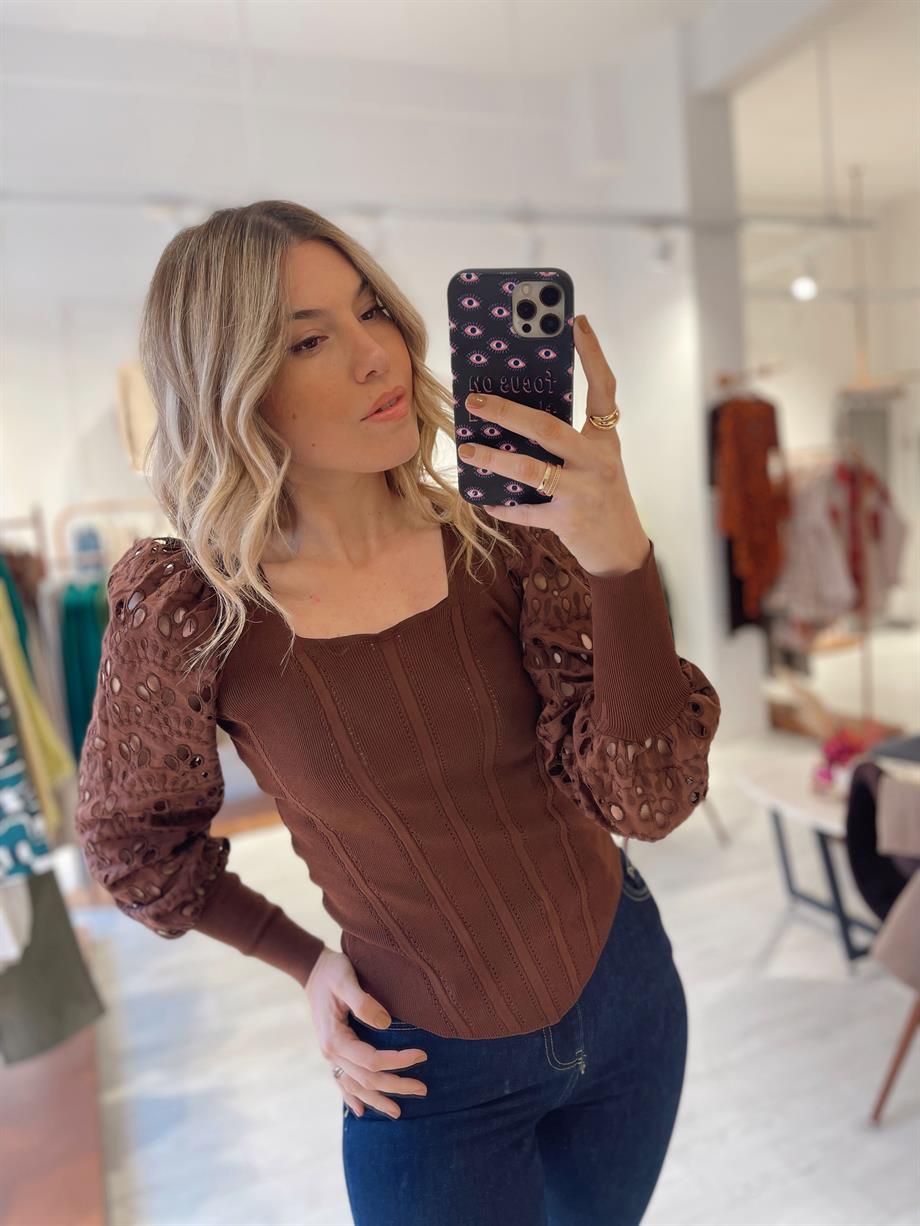 Kahverengi Prenses Kol Detaylı Korse Model Çelik Triko Bluz · 6