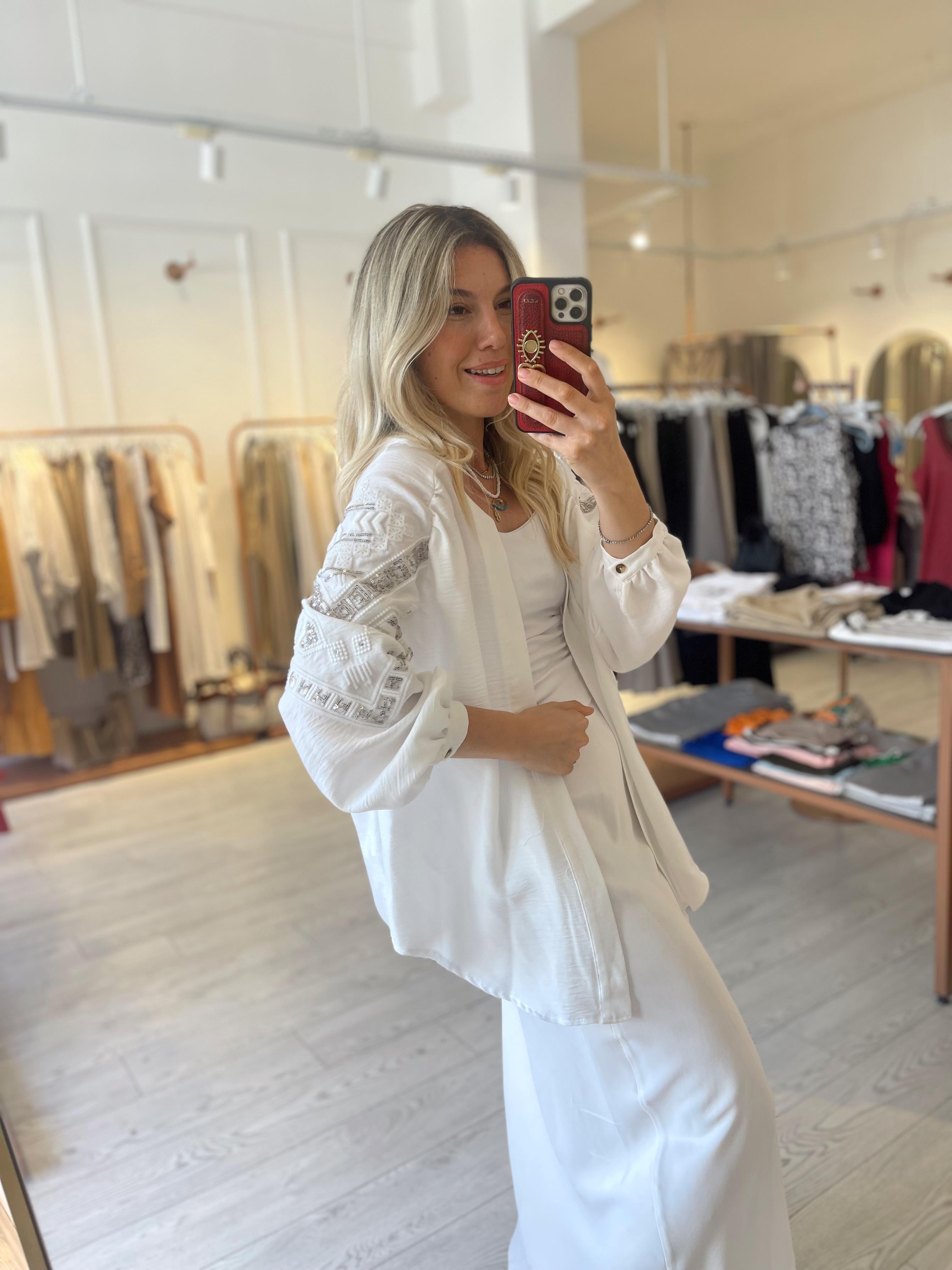 Keten Pul Boncuk İşlemeli Salaş Tasarım Kimono · 3