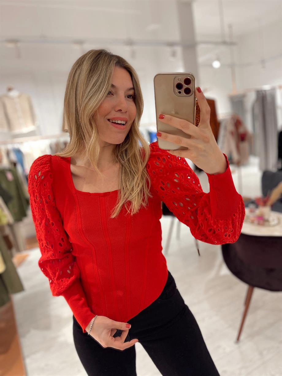 Kırmızı Prenses Kol Detaylı Korse Model Çelik Triko Bluz · 6