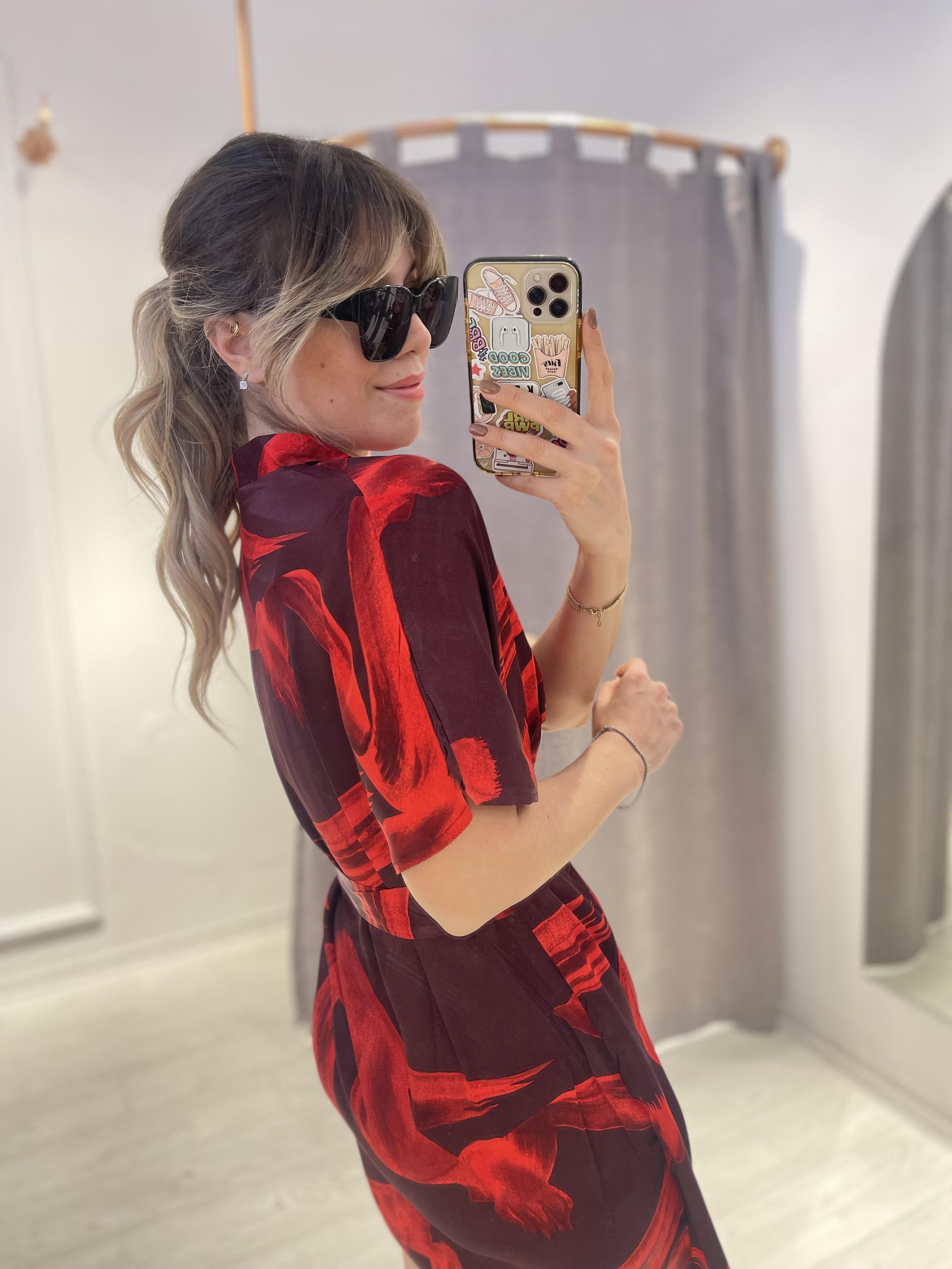 Kırmızı Bordo Desenli Saten Mini Elbise · 2