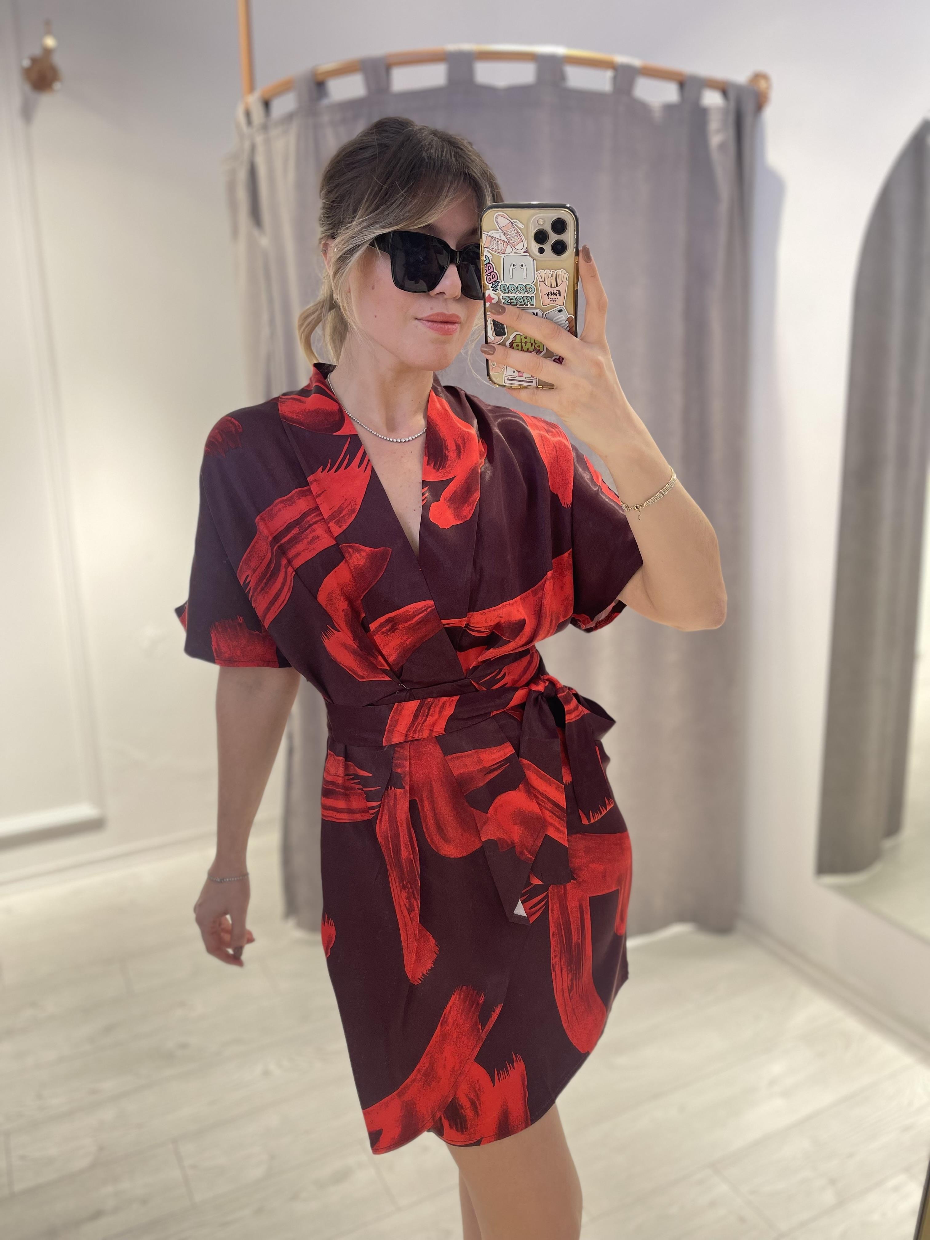 Kırmızı Bordo Desenli Saten Mini Elbise