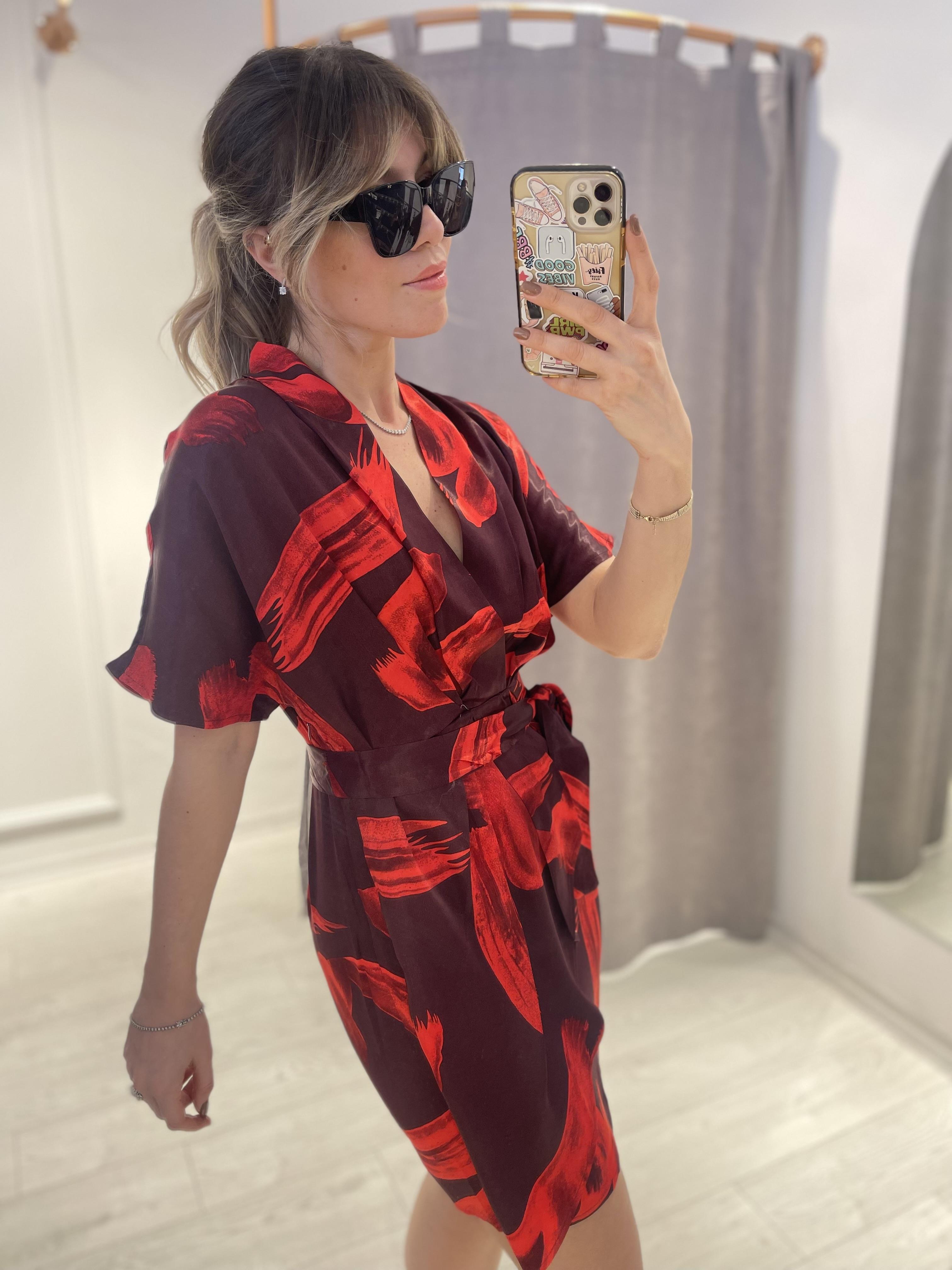 Kırmızı Bordo Desenli Saten Mini Elbise · 5