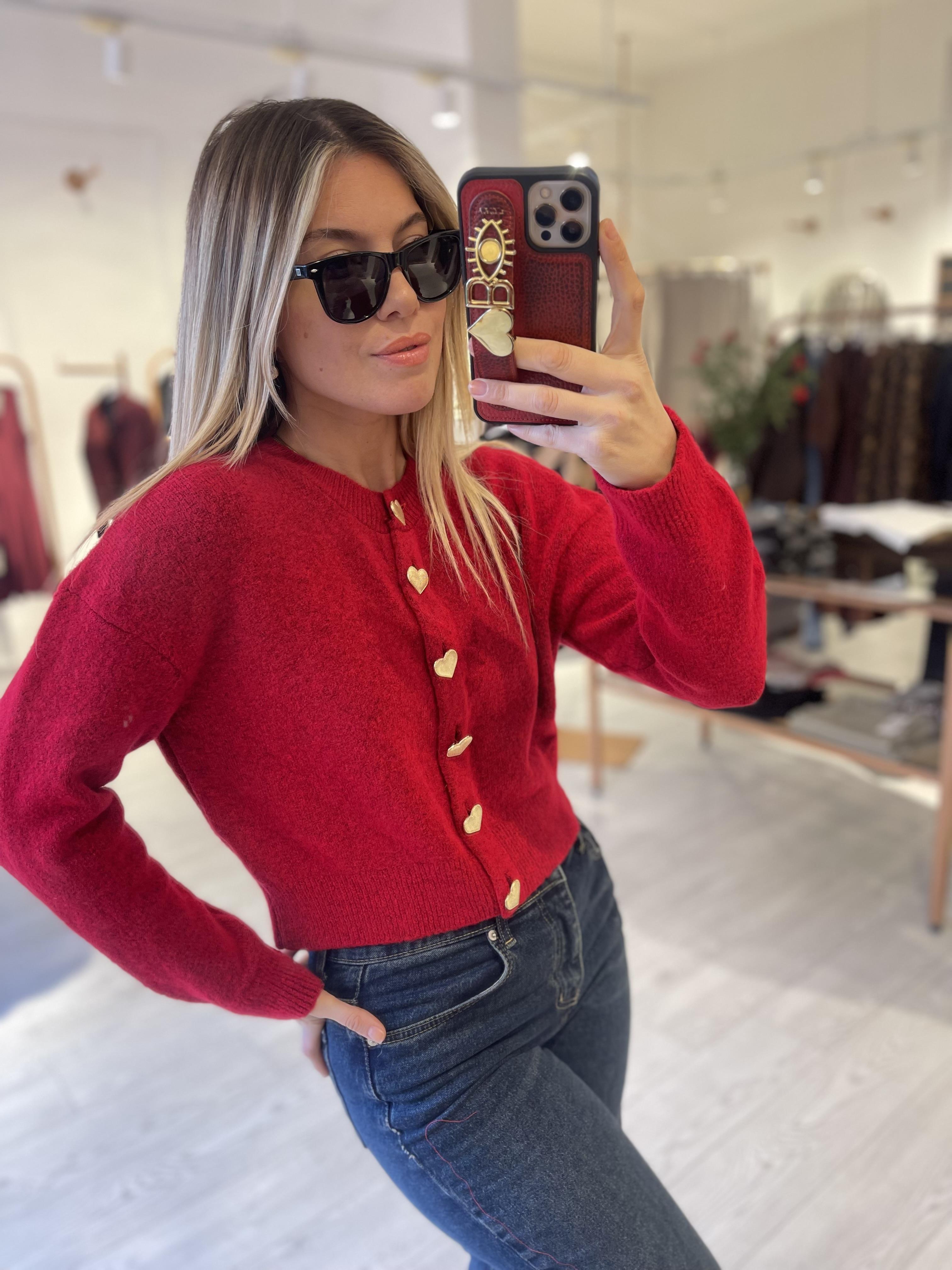 Kırmızı Gold Kalp Düğmeli Triko Hırka · 5