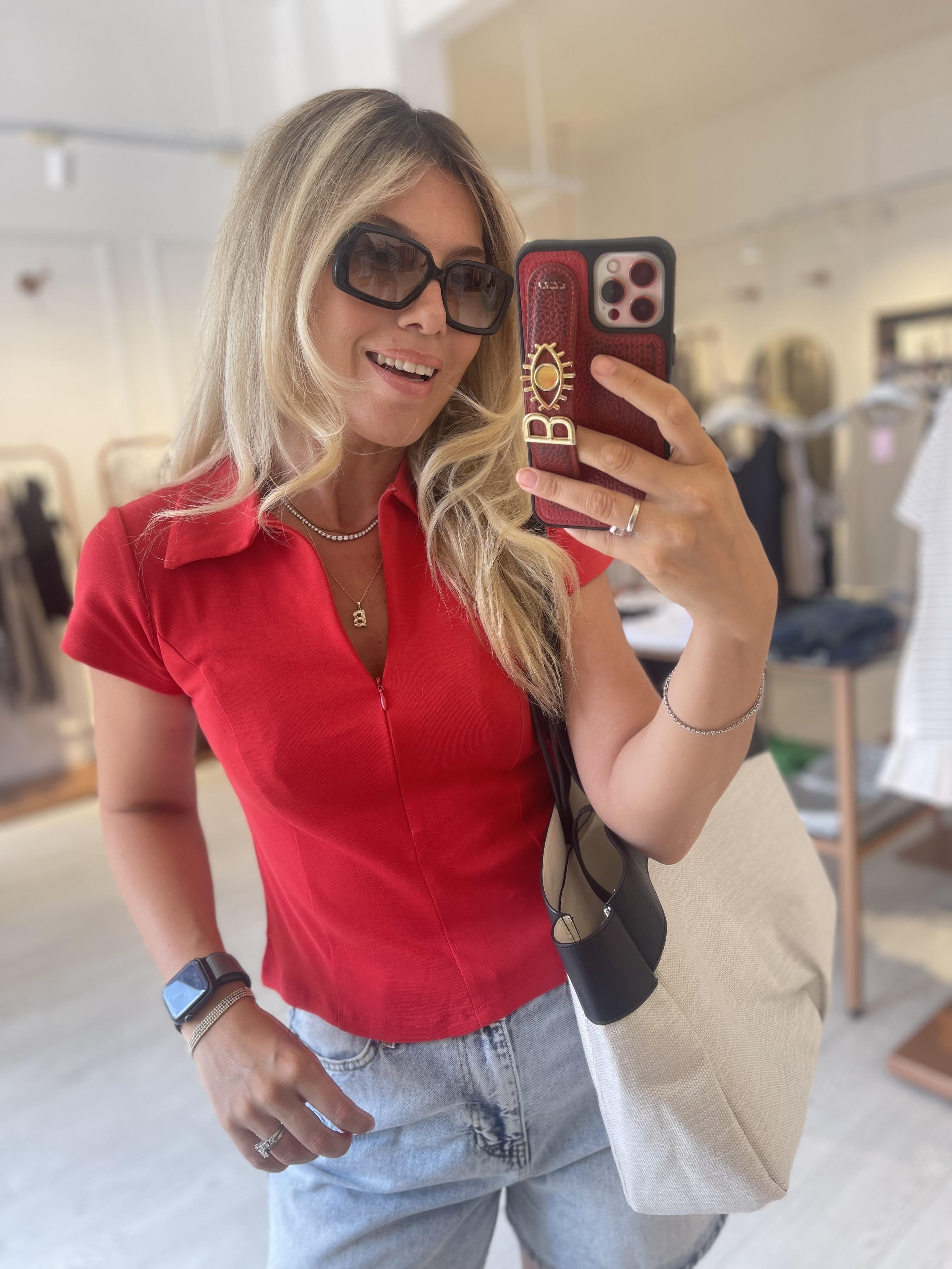 Kırmızı Polo Yaka Fermuarlı Bluz · 4