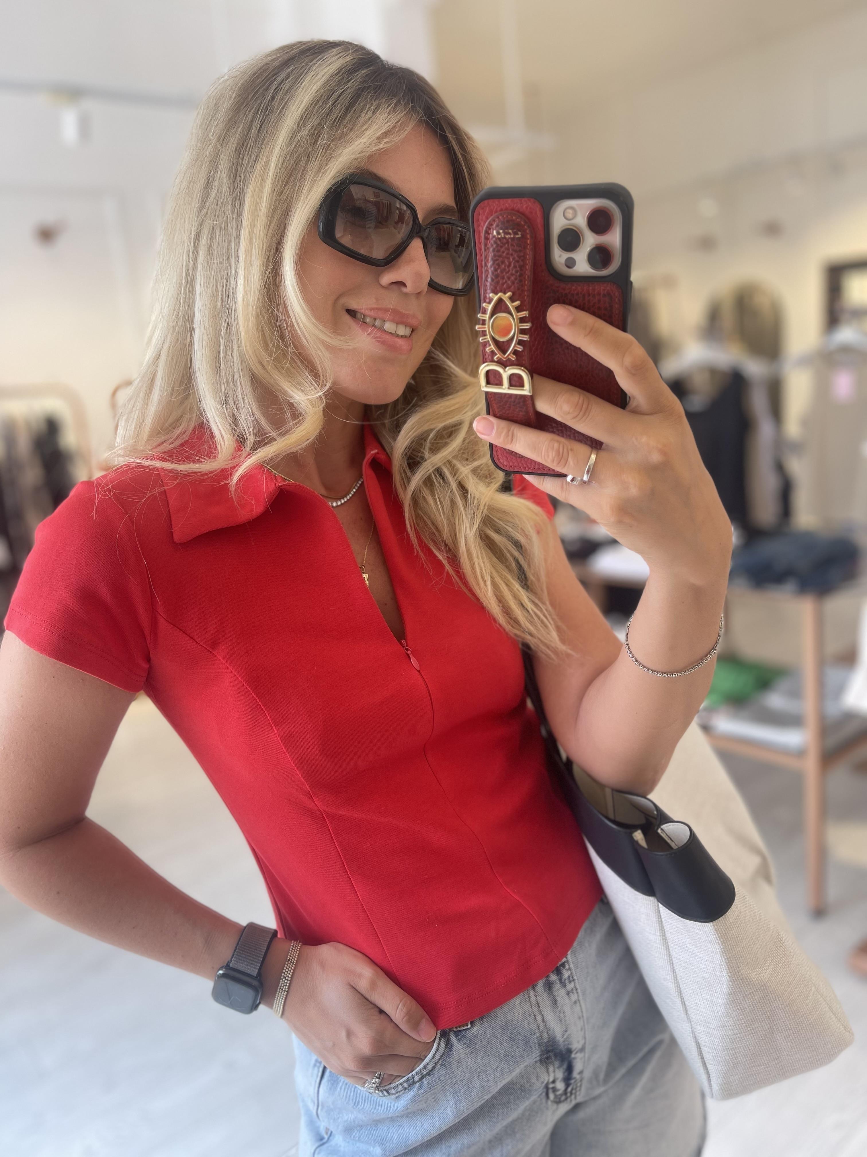 Kırmızı Polo Yaka Fermuarlı Bluz · 5