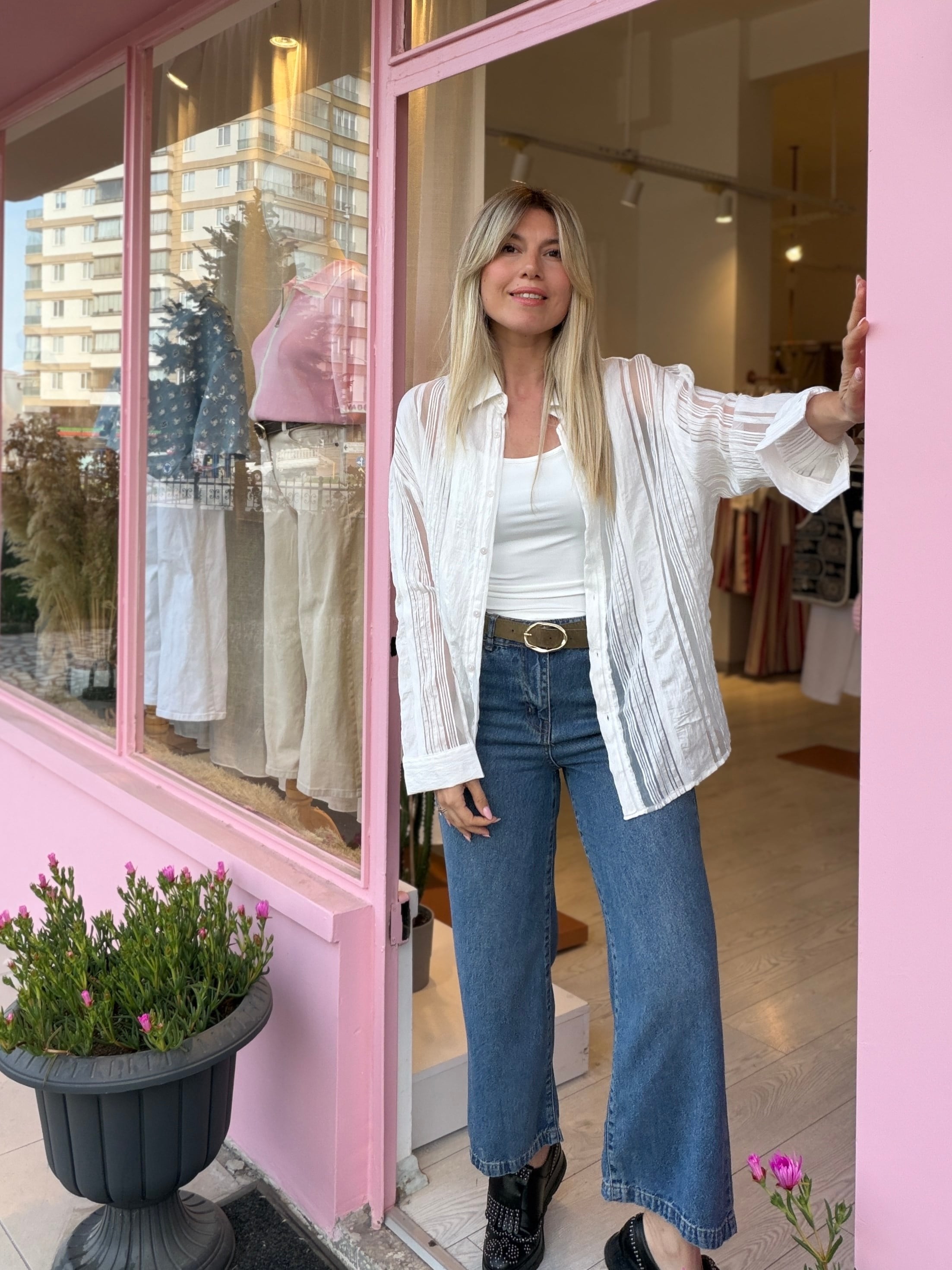 Kot Tensel Kendinden Kemerli İnce Denim Pantolon
