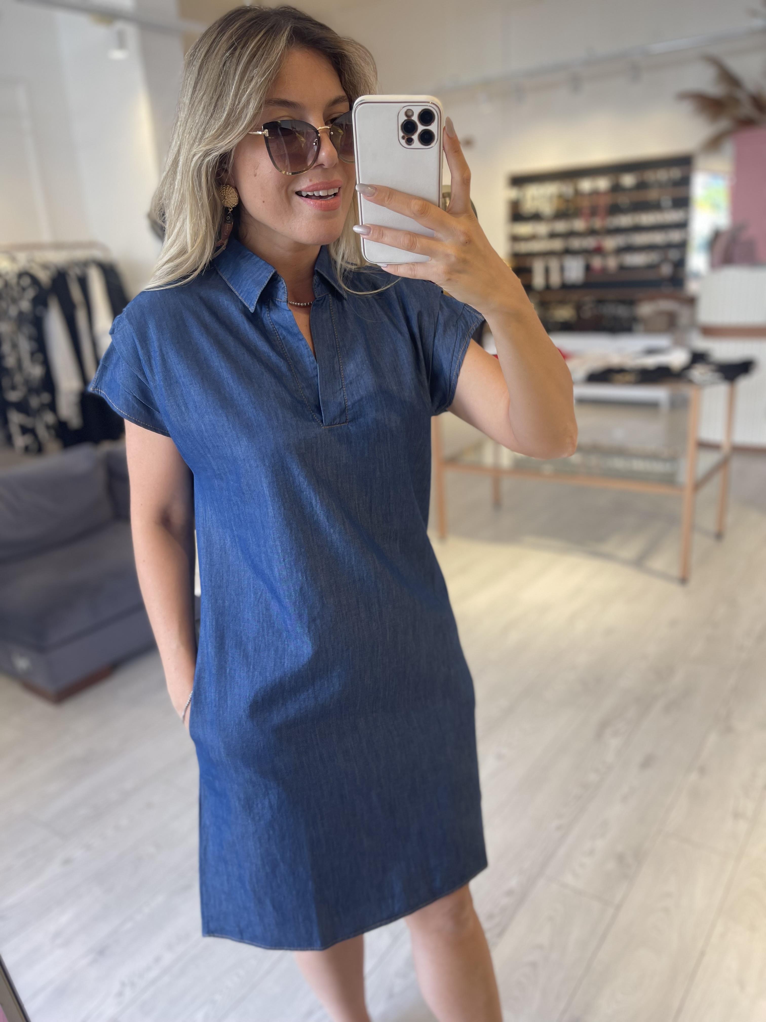 Koyu Mavi Denim Tensel Kol Detaylı Elbise