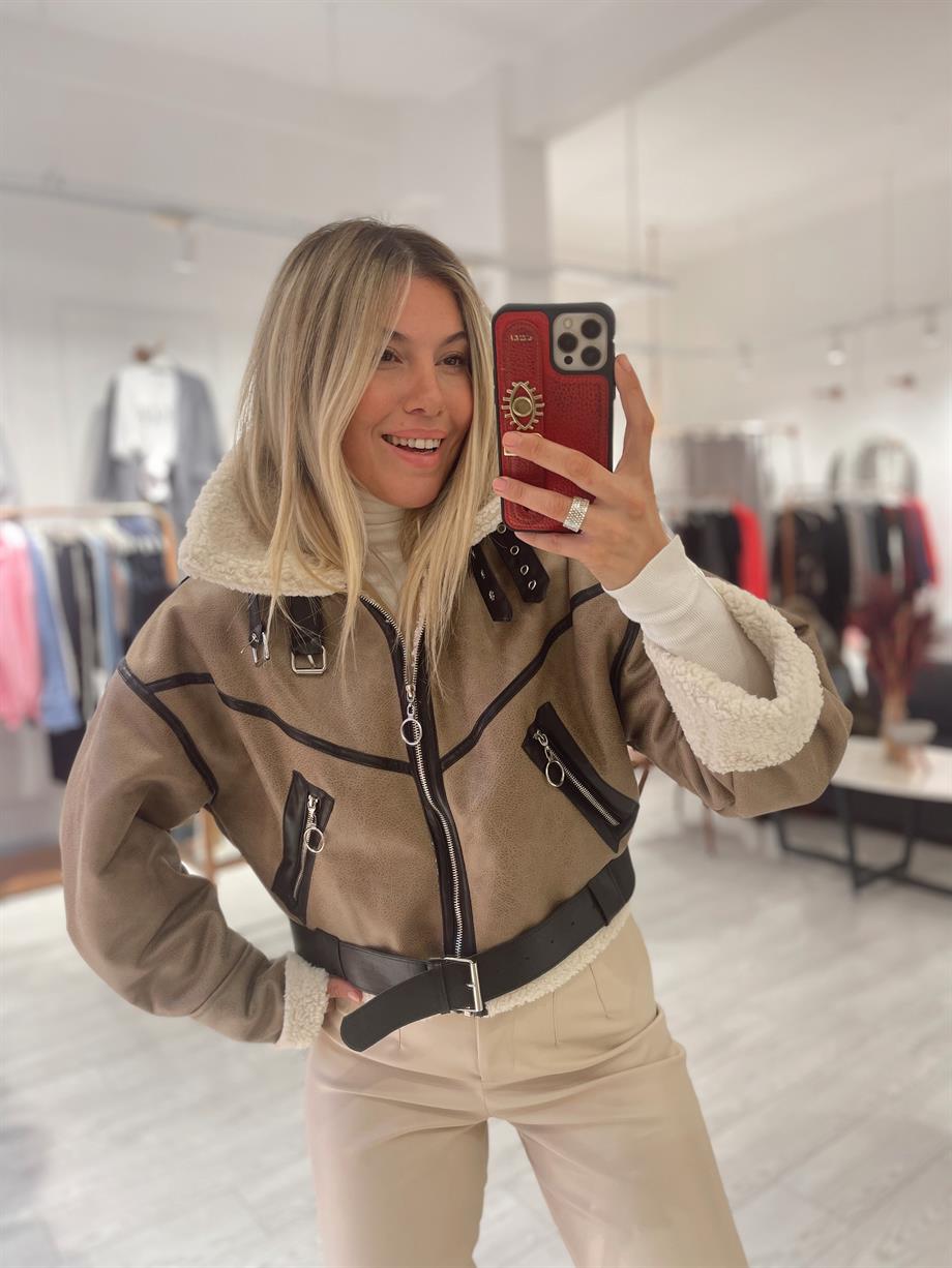 Kürklü Teddy Biker Mont