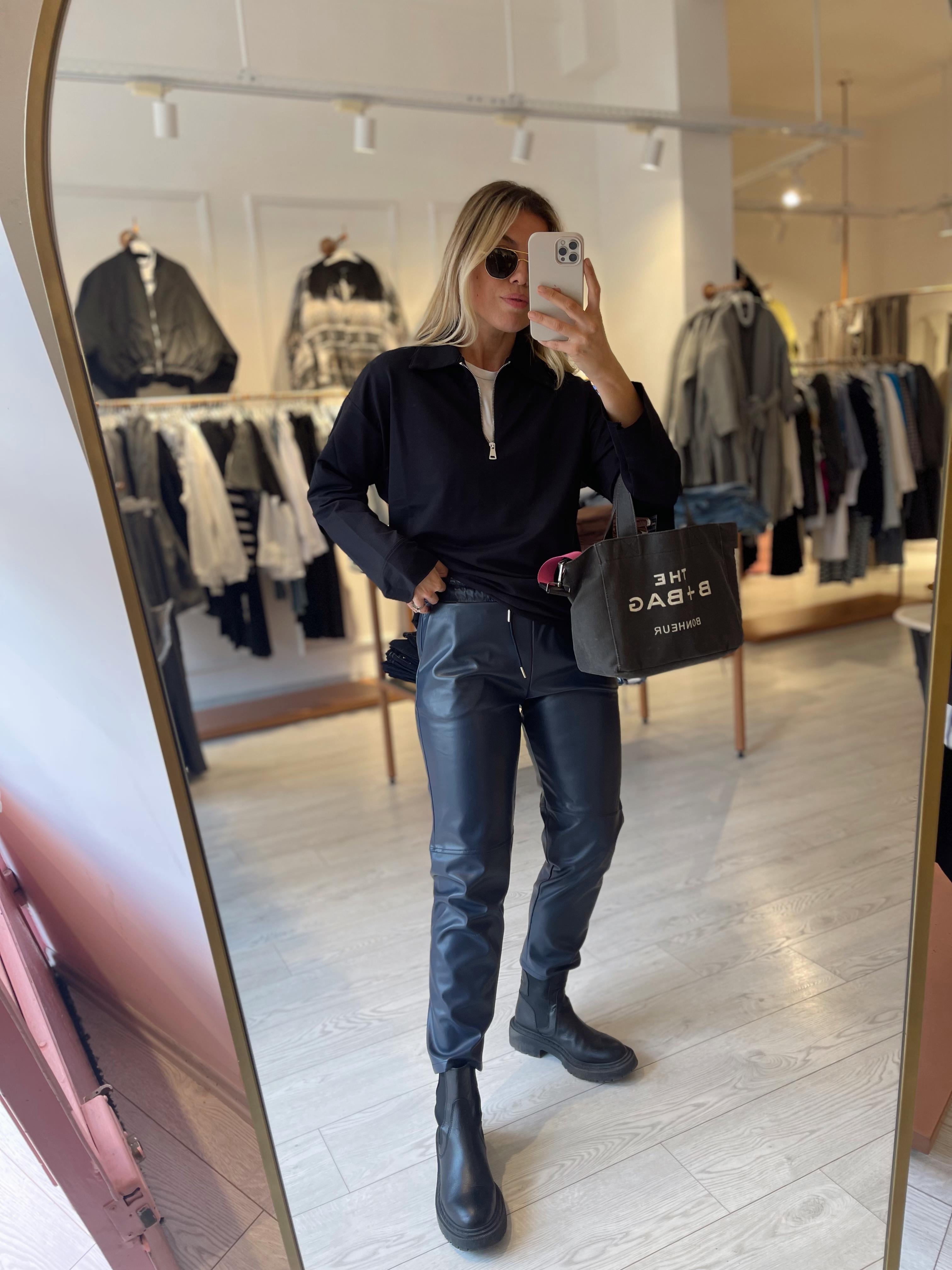 Lacivert Çimalı Deri Pantolon