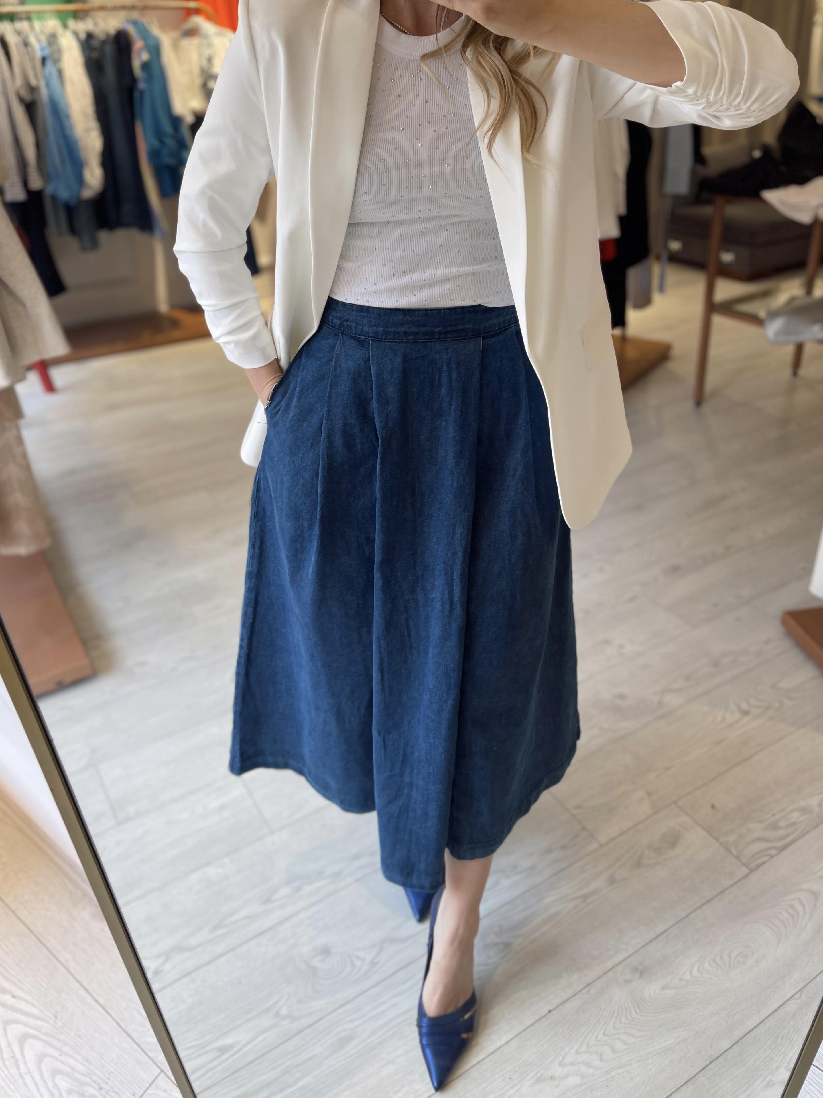 Lacivert Denim Kloş Pileli Midi Etek · 4