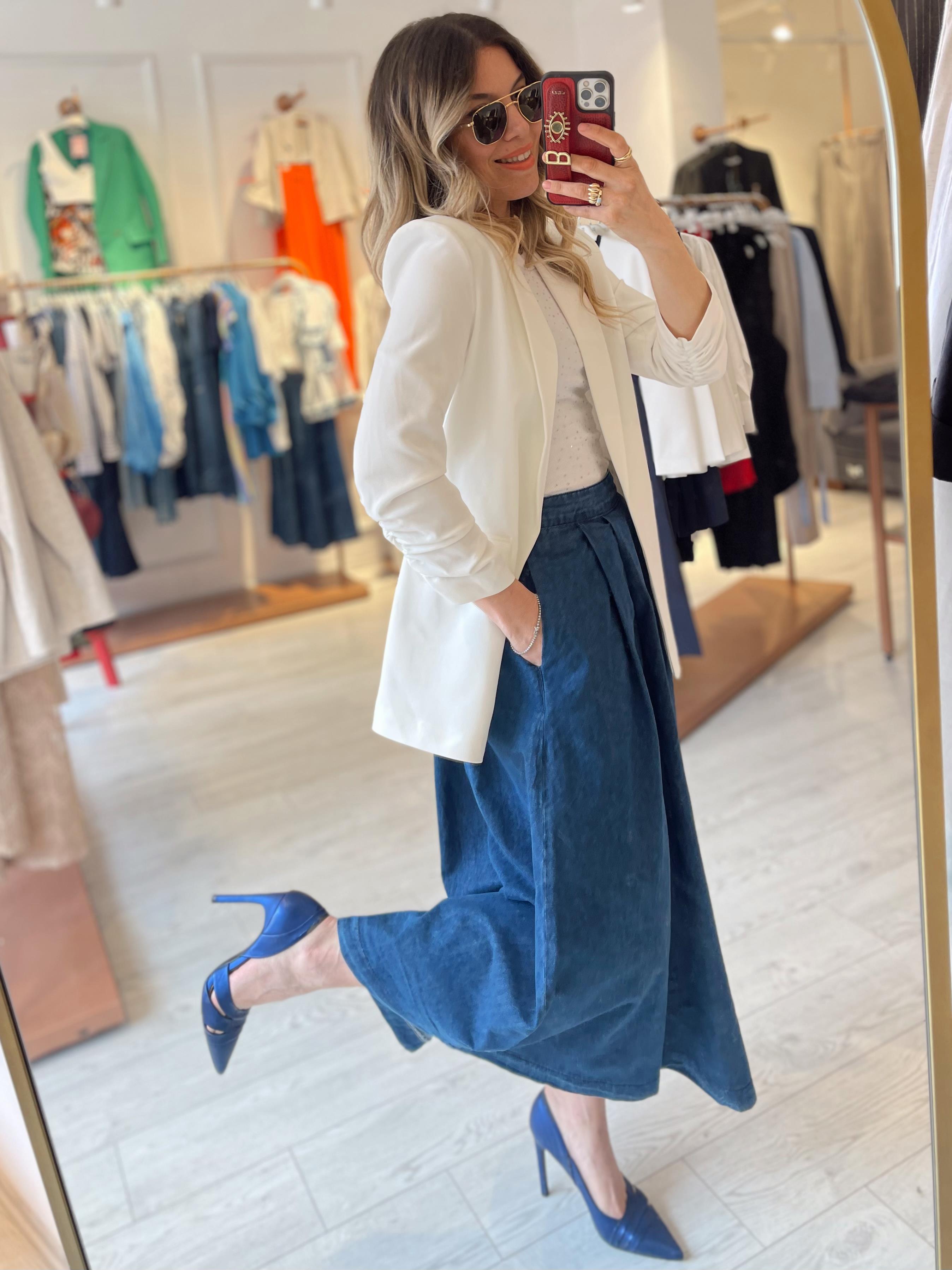 Lacivert Denim Kloş Pileli Midi Etek · 2