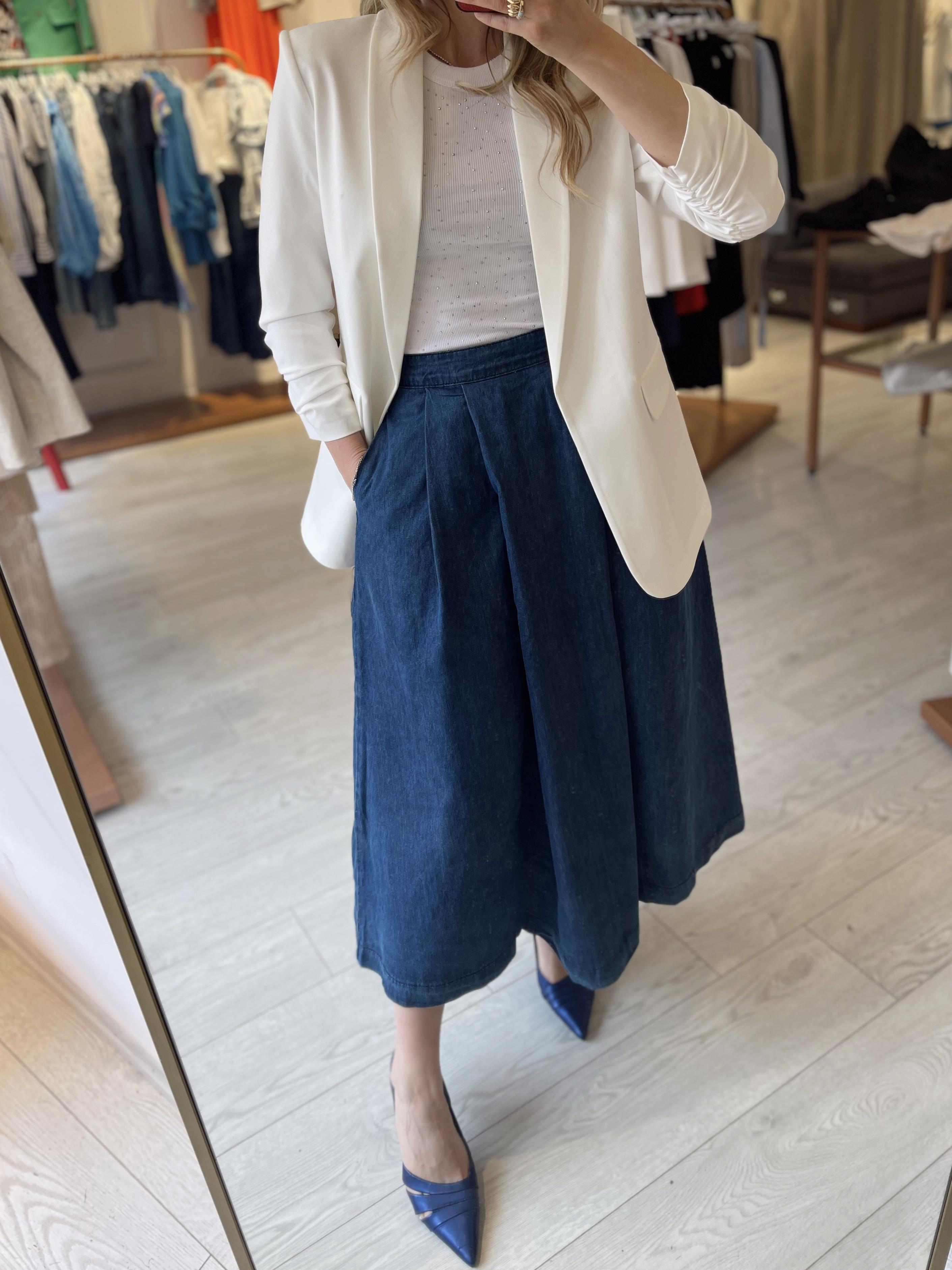 Lacivert Denim Kloş Pileli Midi Etek · 3