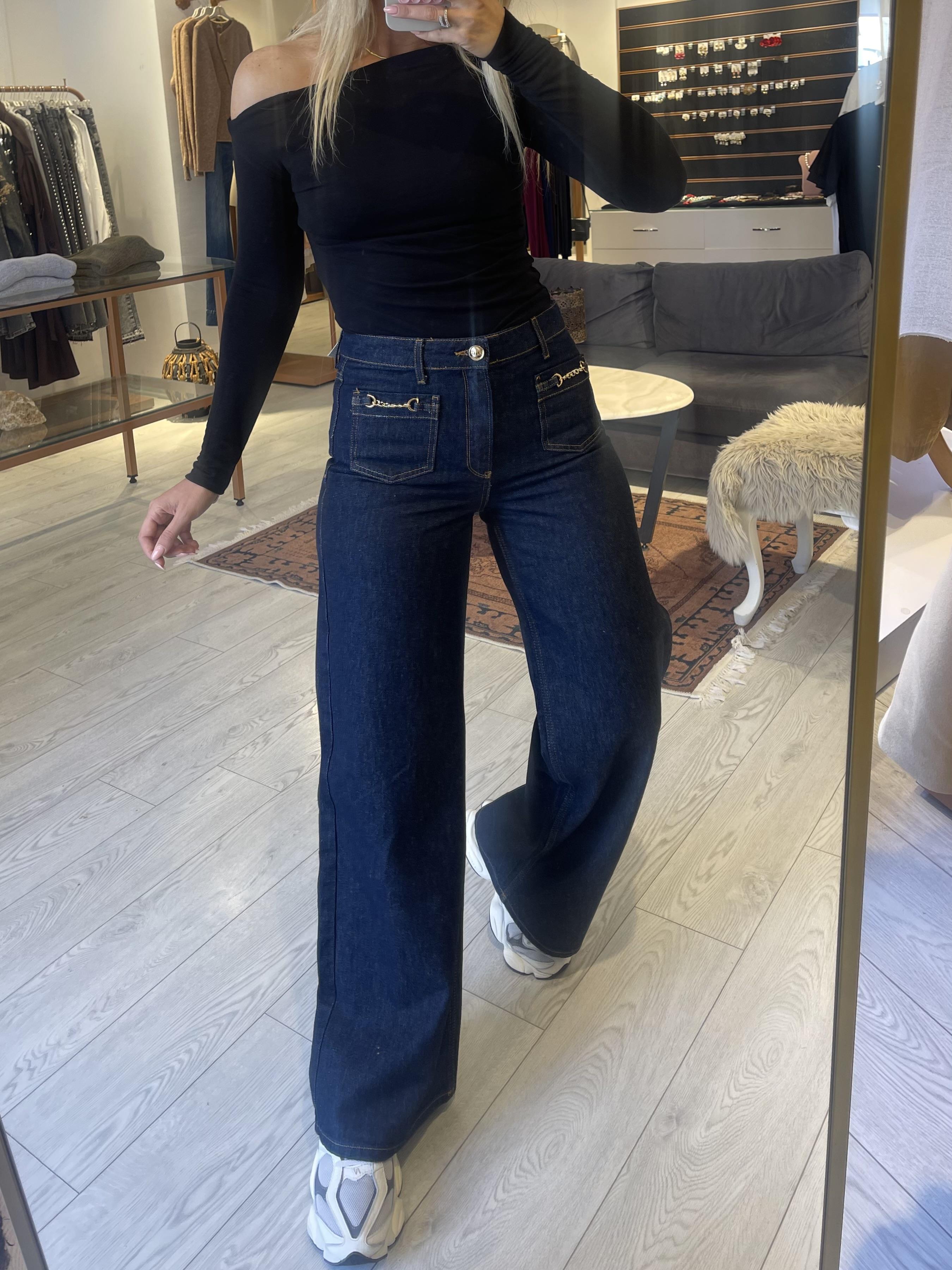Lacivert Gold Aksesuarlı Bol Paça Jean