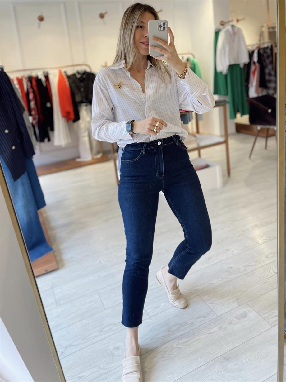 Lacivert Kesik Paça Boyfit