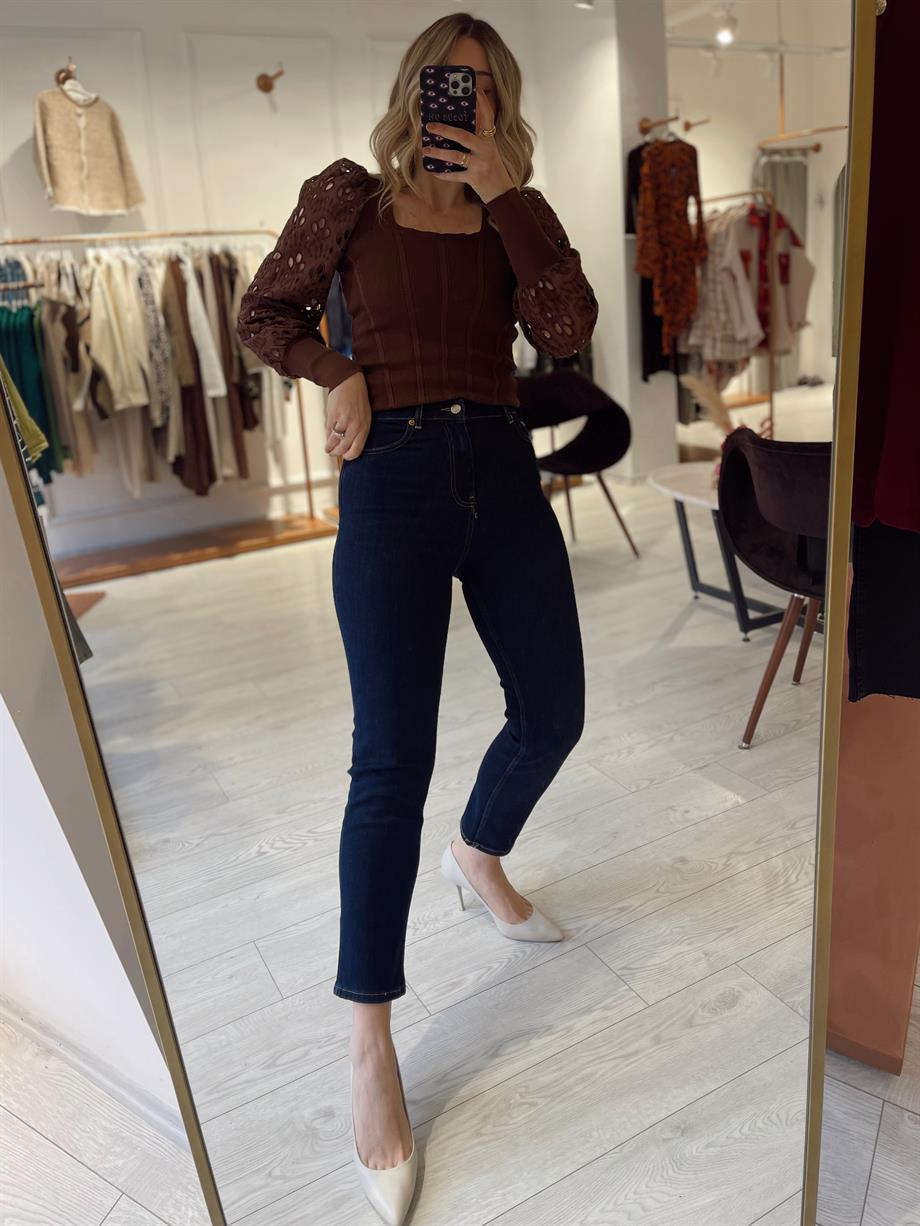 Lacivert Likralı Yüksek Bel Mom Jean