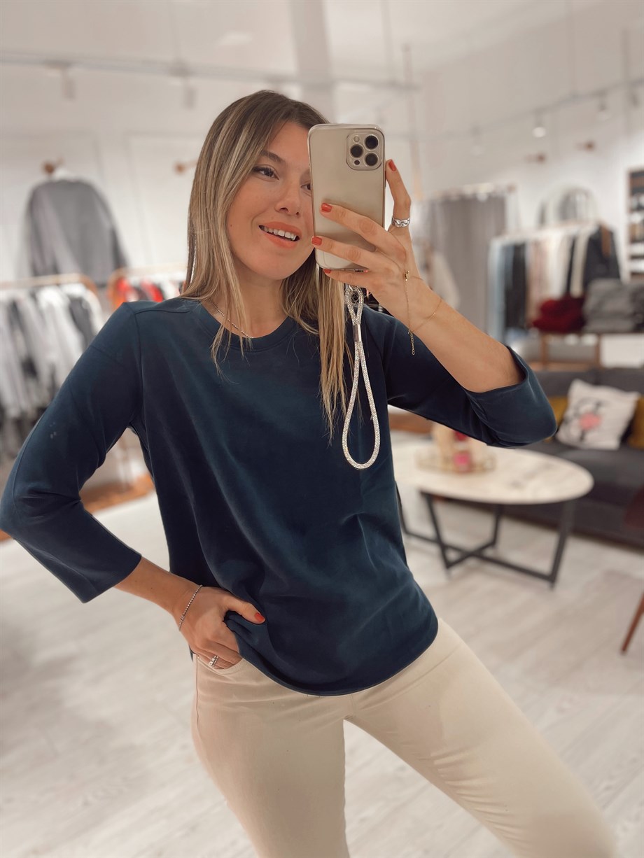 Lacivert Modal Kumaş Bisiklet Yaka Bluz