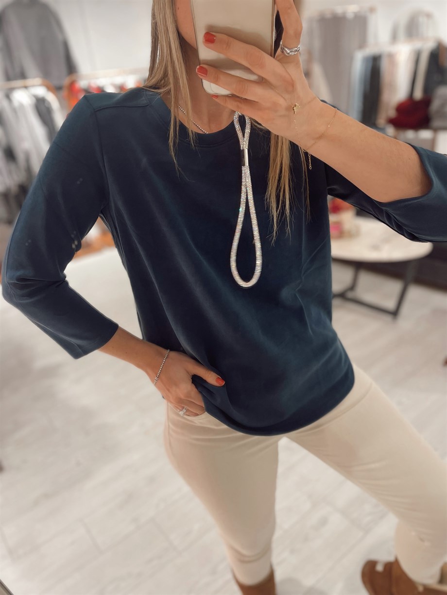 Lacivert Modal Kumaş Bisiklet Yaka Bluz · 2