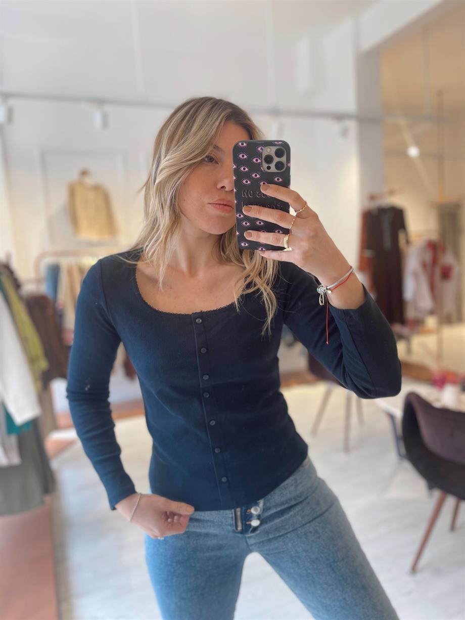 Lacivert Pamuklu İnce Basic Bluz · 2