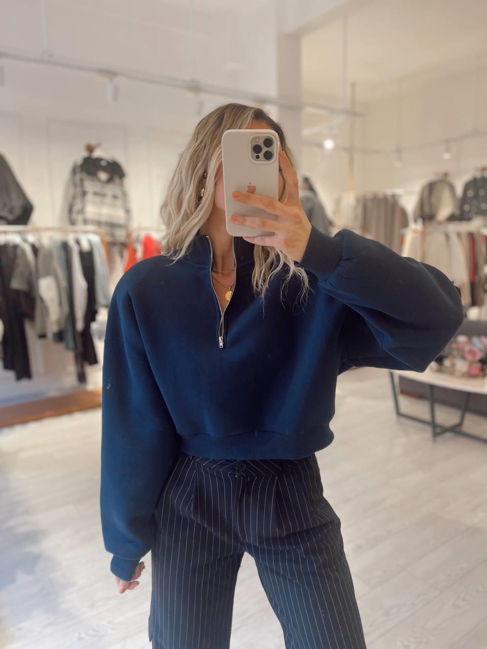 Lacivert Vatkalı Fermuarlı Kısa Sweat