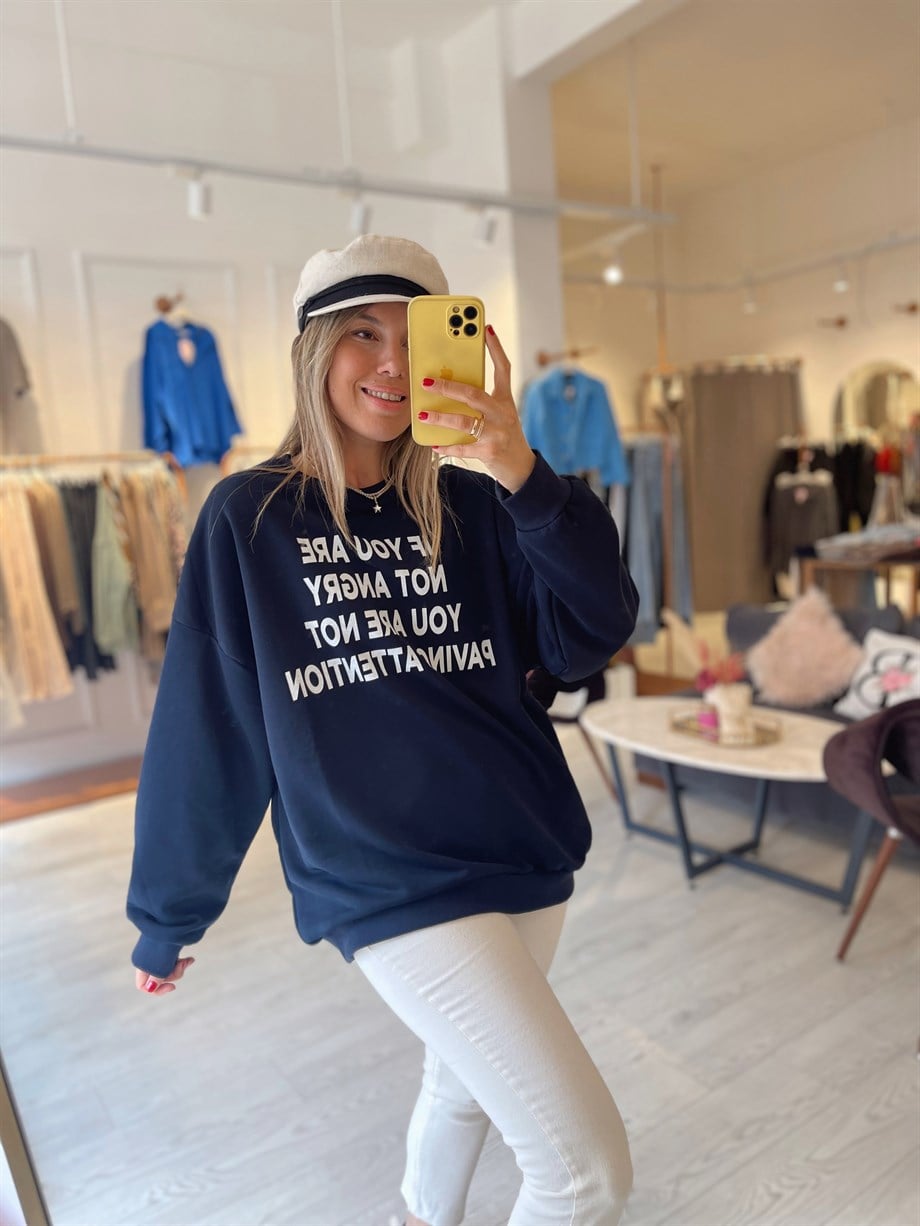 Lacivert Yazı Baskılı Sweatshirt