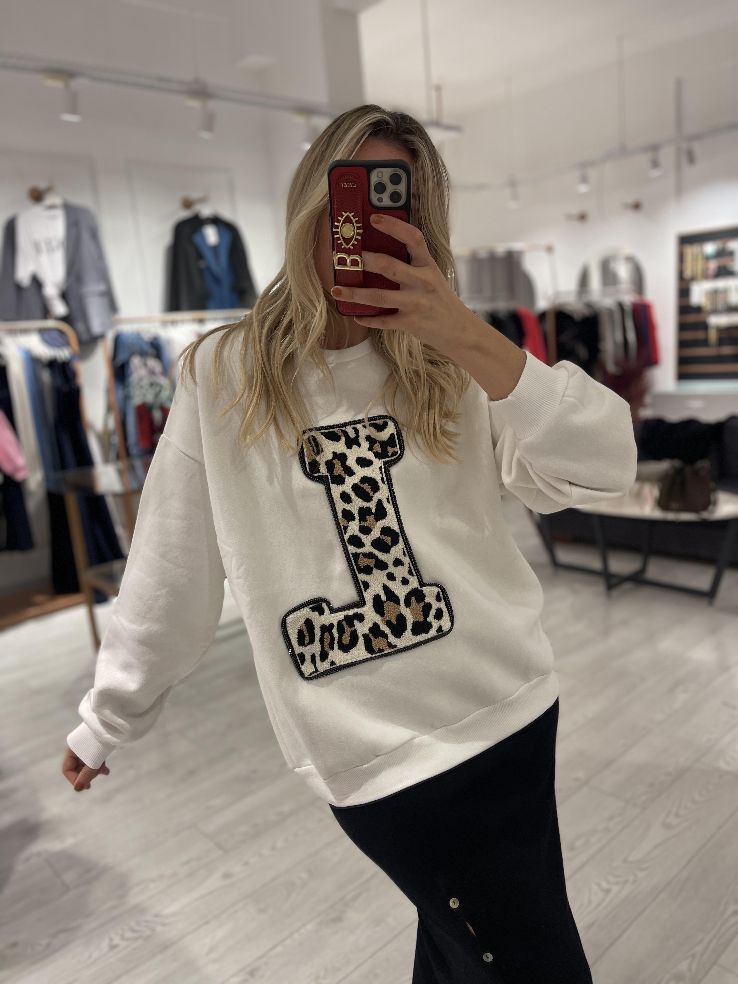 Leopar L Baskı Şardonlu Sweat Beyaz