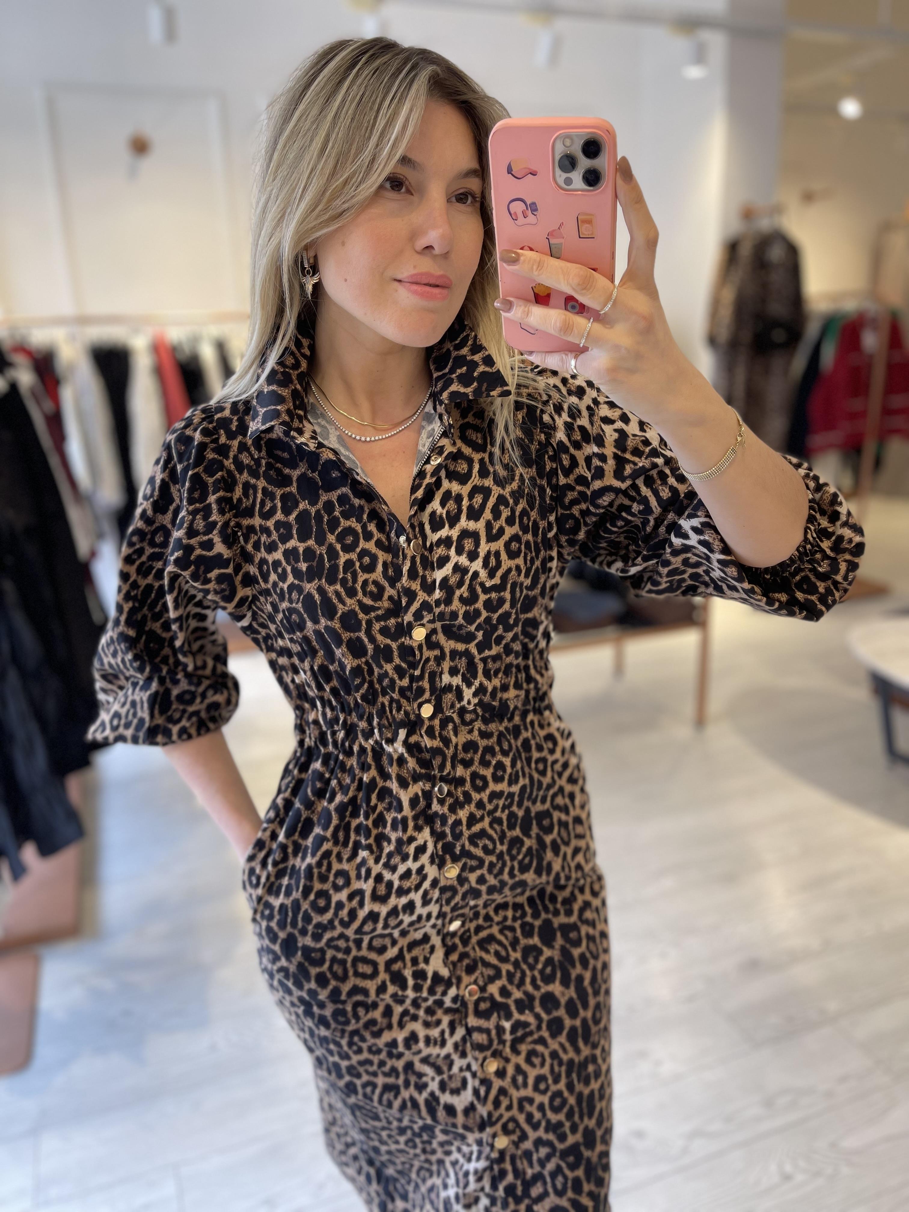 Leopar Yetim Kol Midi Elbise