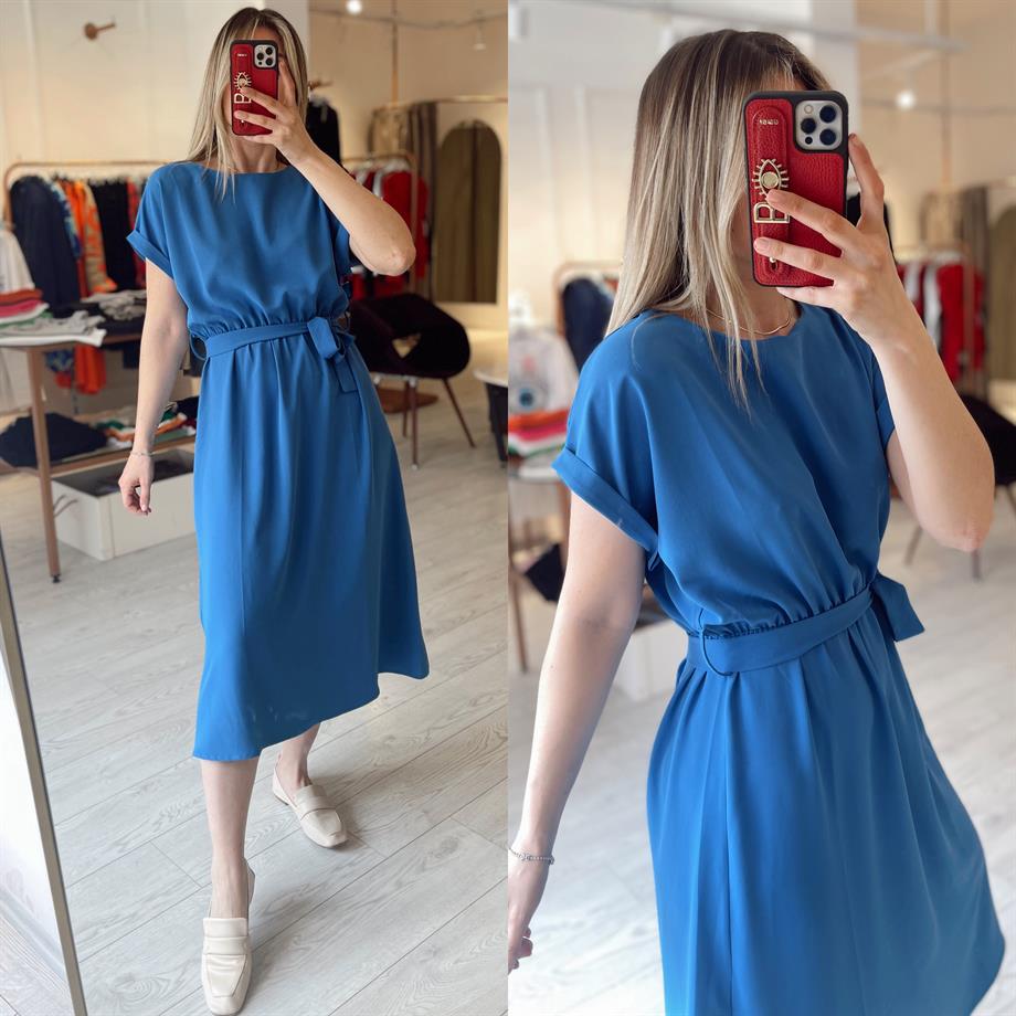 Mavi Bisiklet Yaka Belden Bağlamalı Midi Elbise