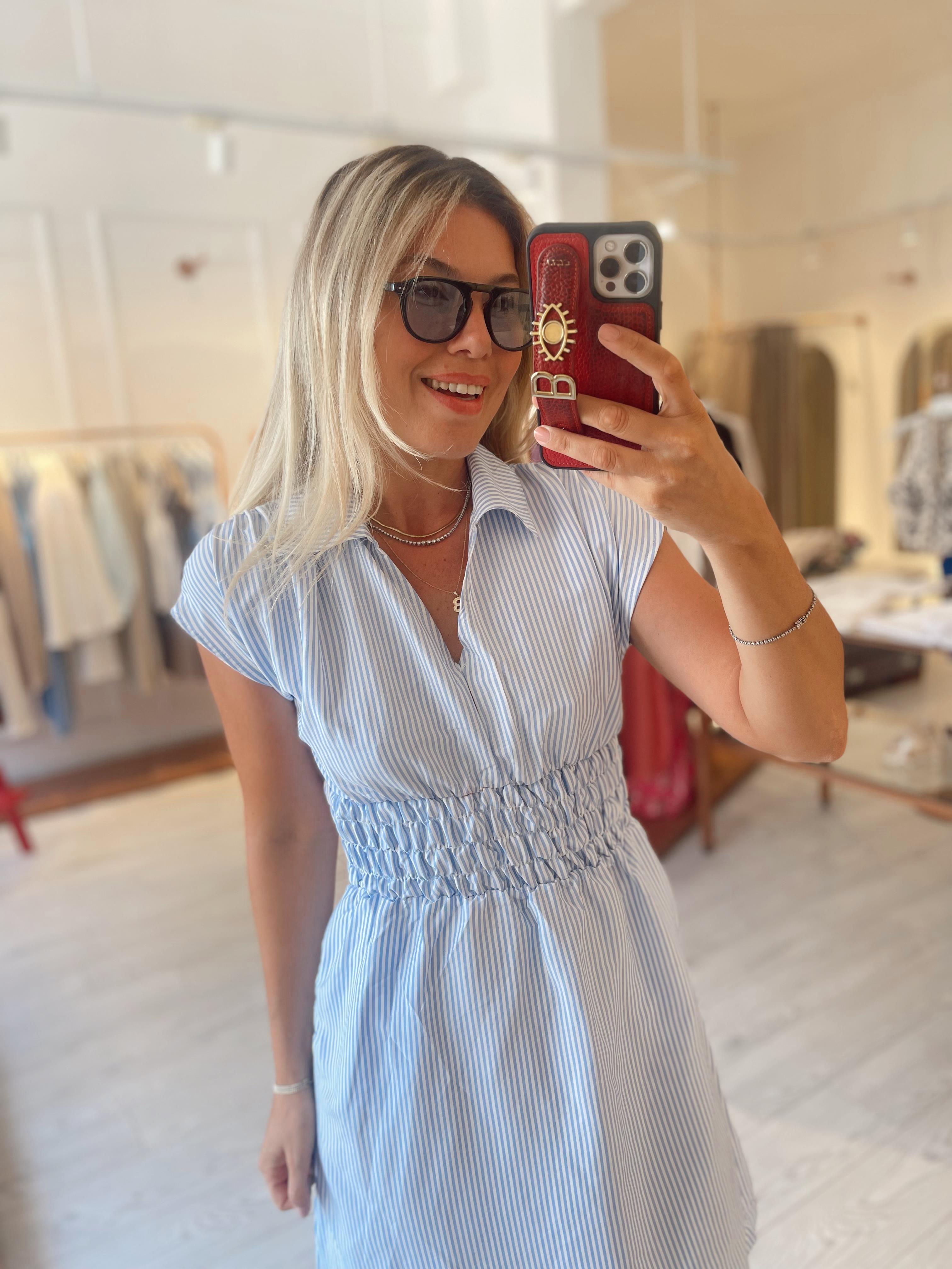 Mavi Çizgili  Lastik Belli Mini Elbise · 4