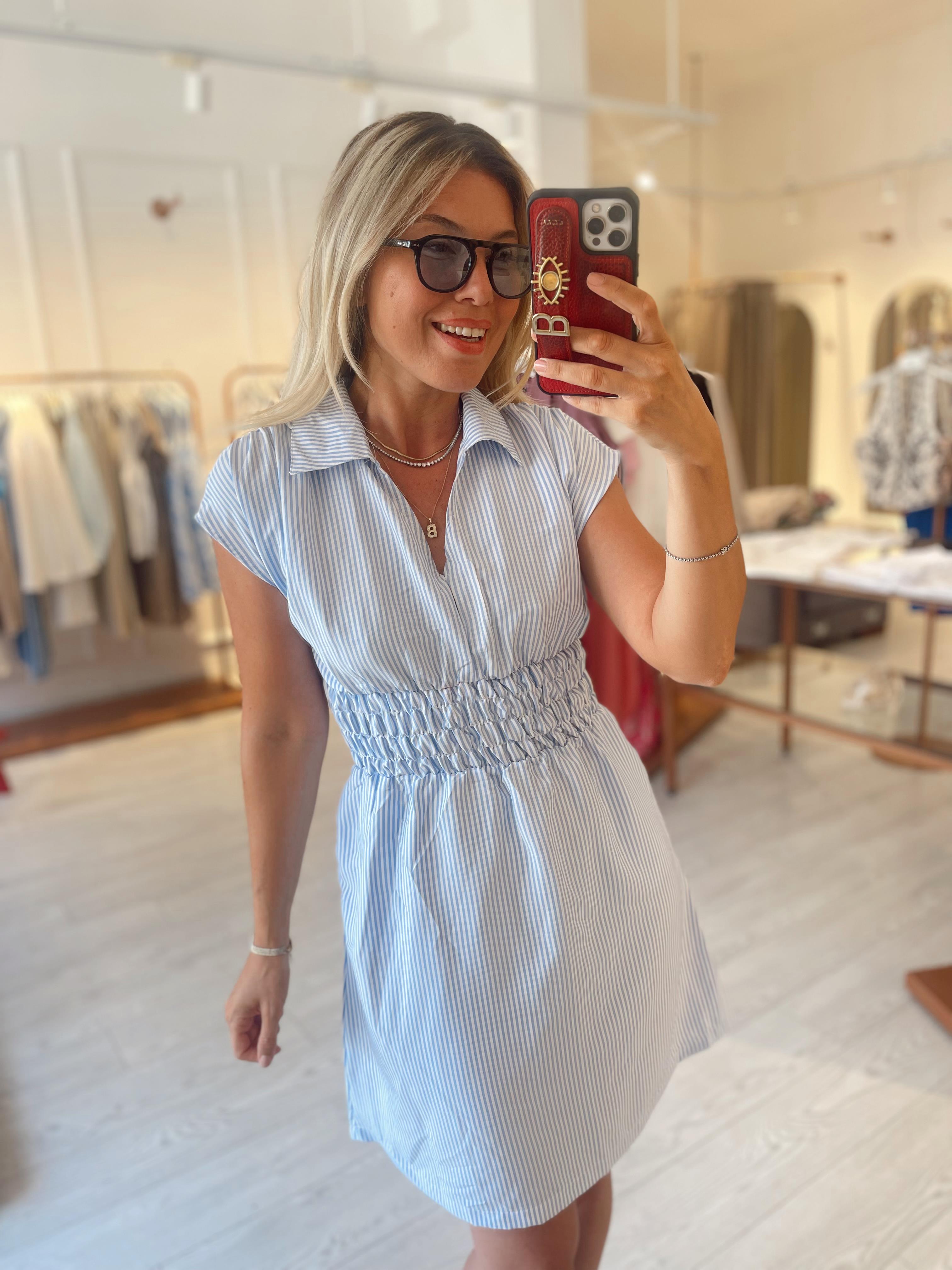 Mavi Çizgili  Lastik Belli Mini Elbise