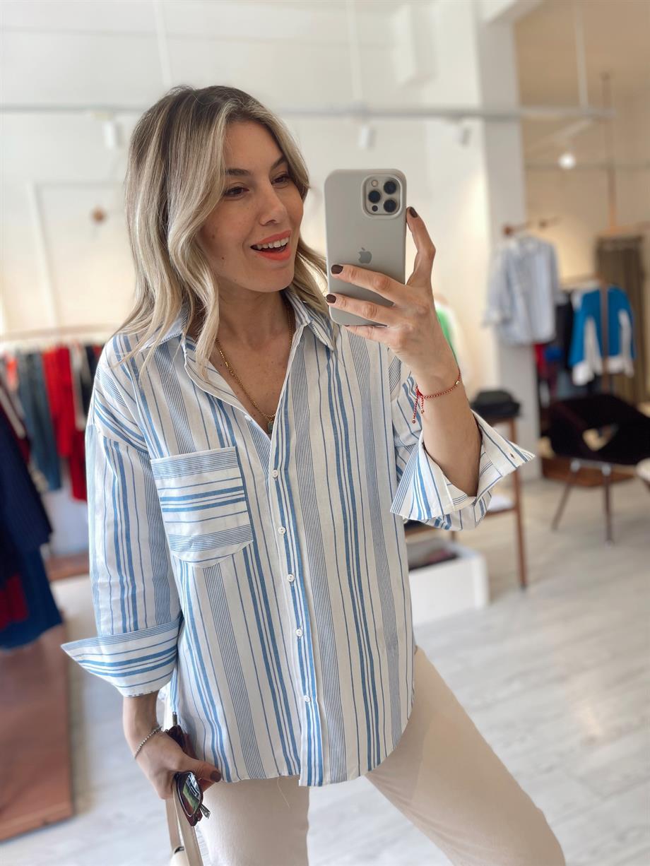 Mavi Çizgili Premium Pamuklu Gömlek