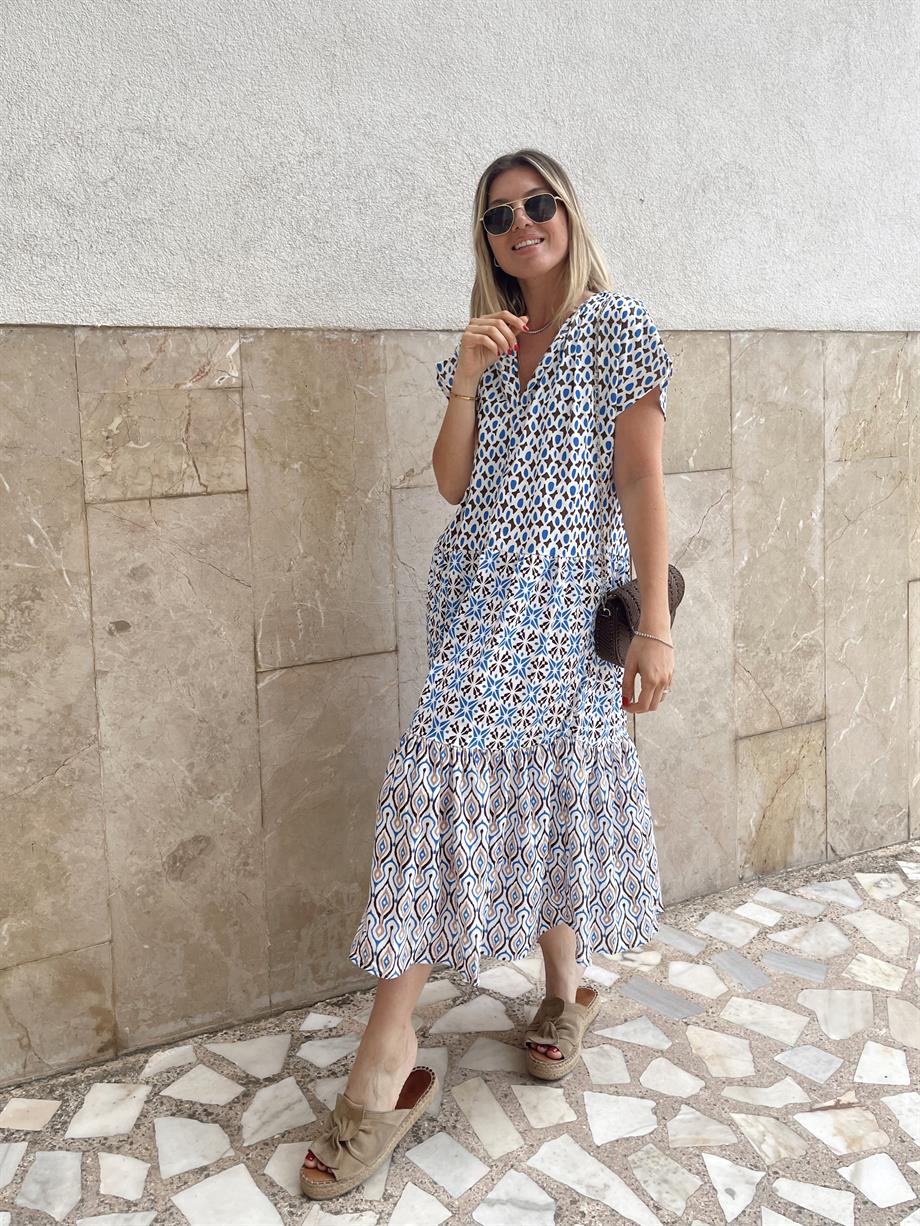 Mavi Kahve Desenli Elbise