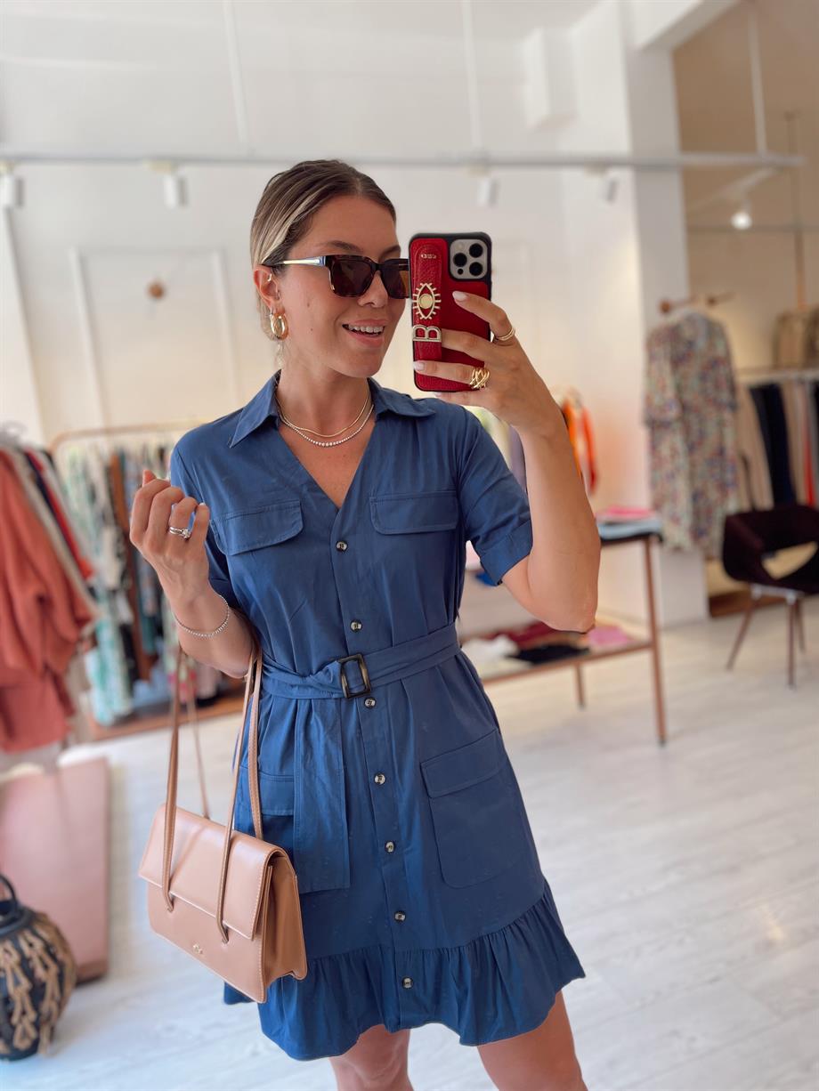 Mavi Kemerli Mini Elbise