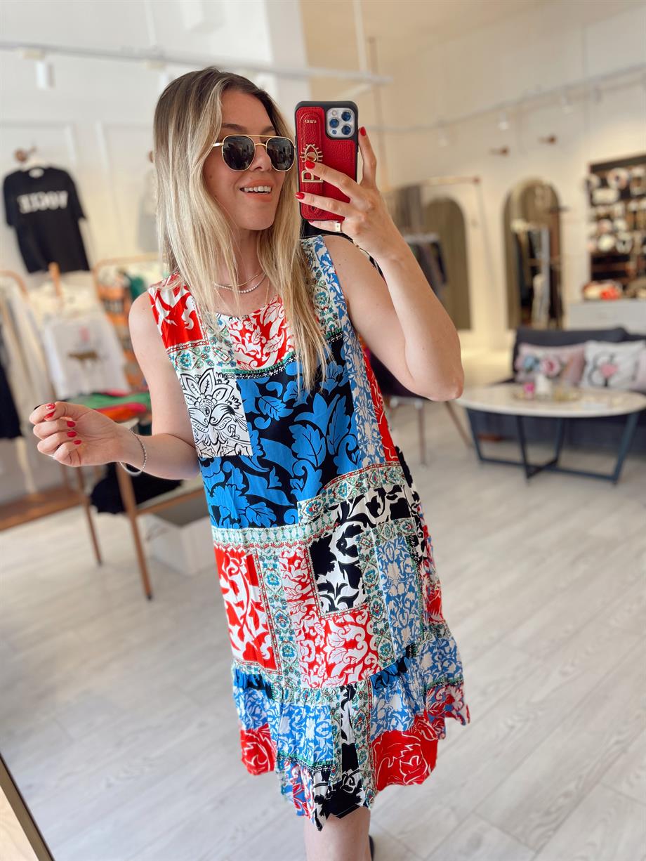 Mavi Kırmızı Kolsuz Viskon Elbise