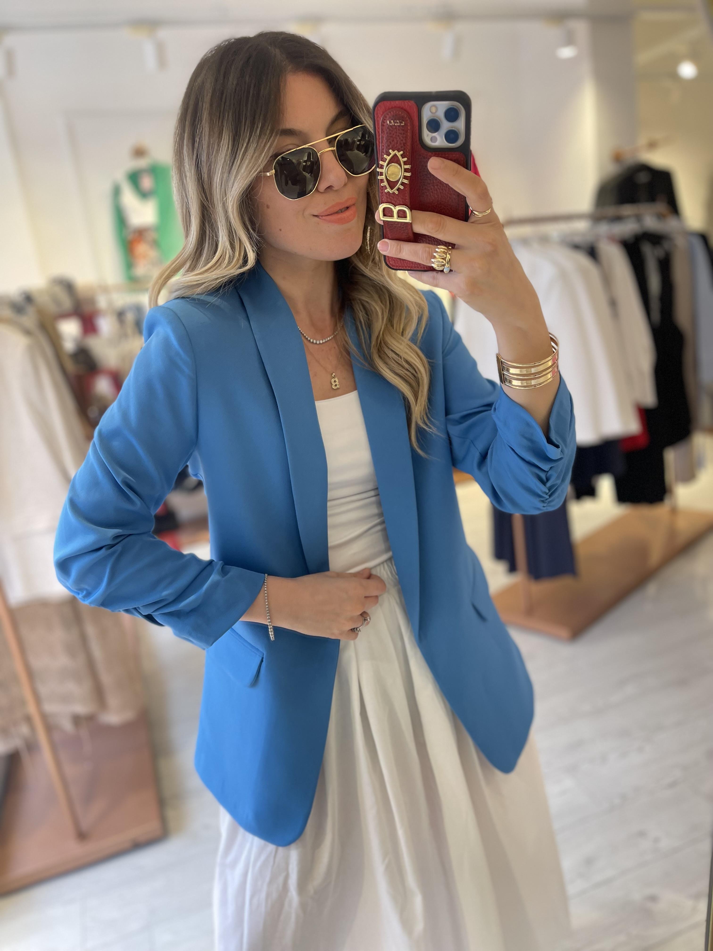 Mavi Kolları Büzgülü Blazer