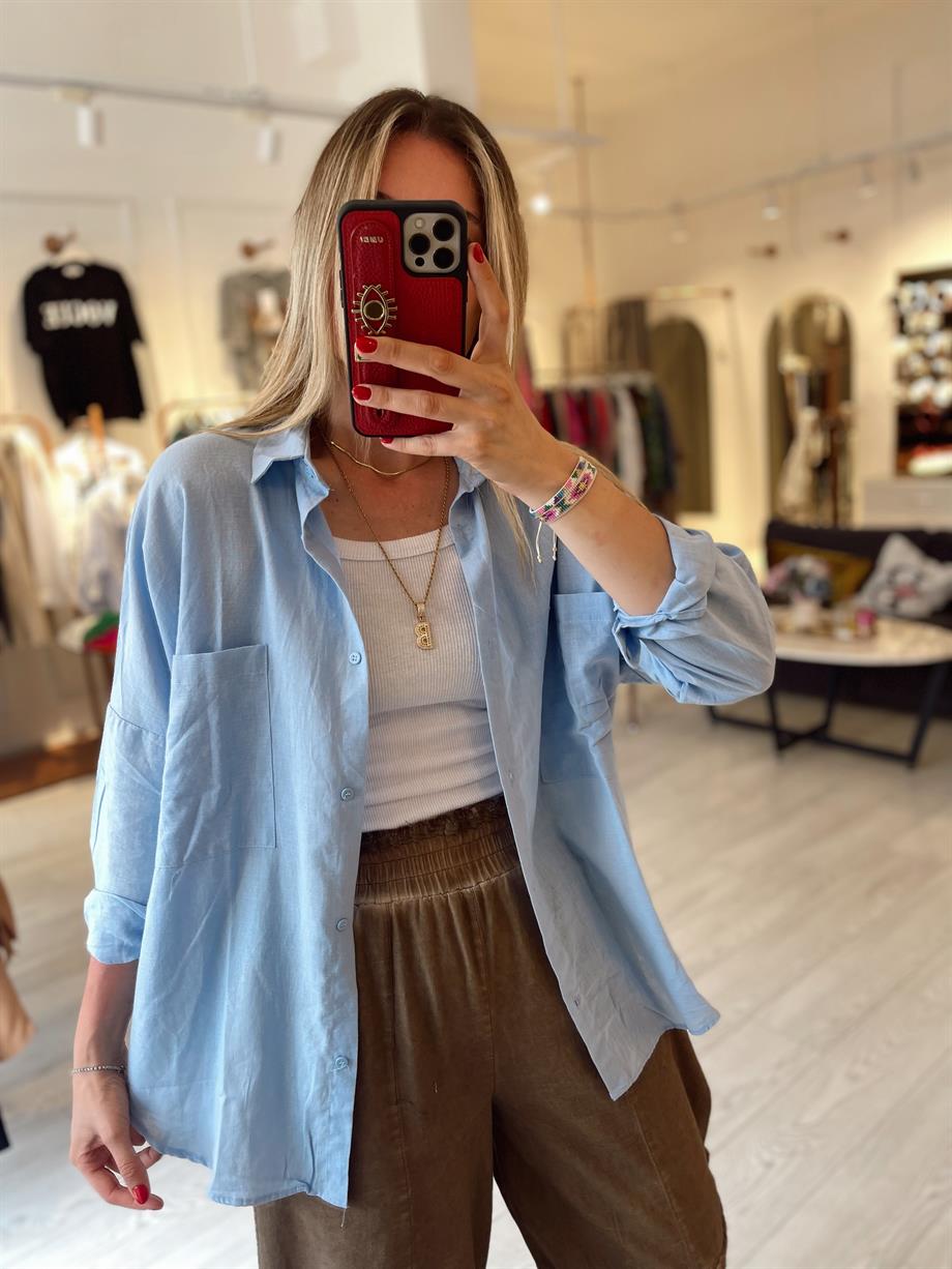 Mavi Oversize Çift Cepli Keten Gömlek