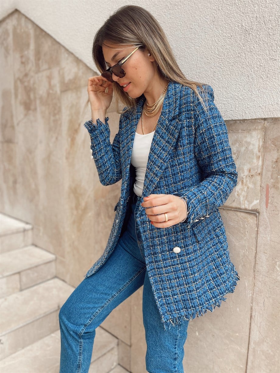 Mavi Premium Kalite Püsküllü Tüvit Blazer 