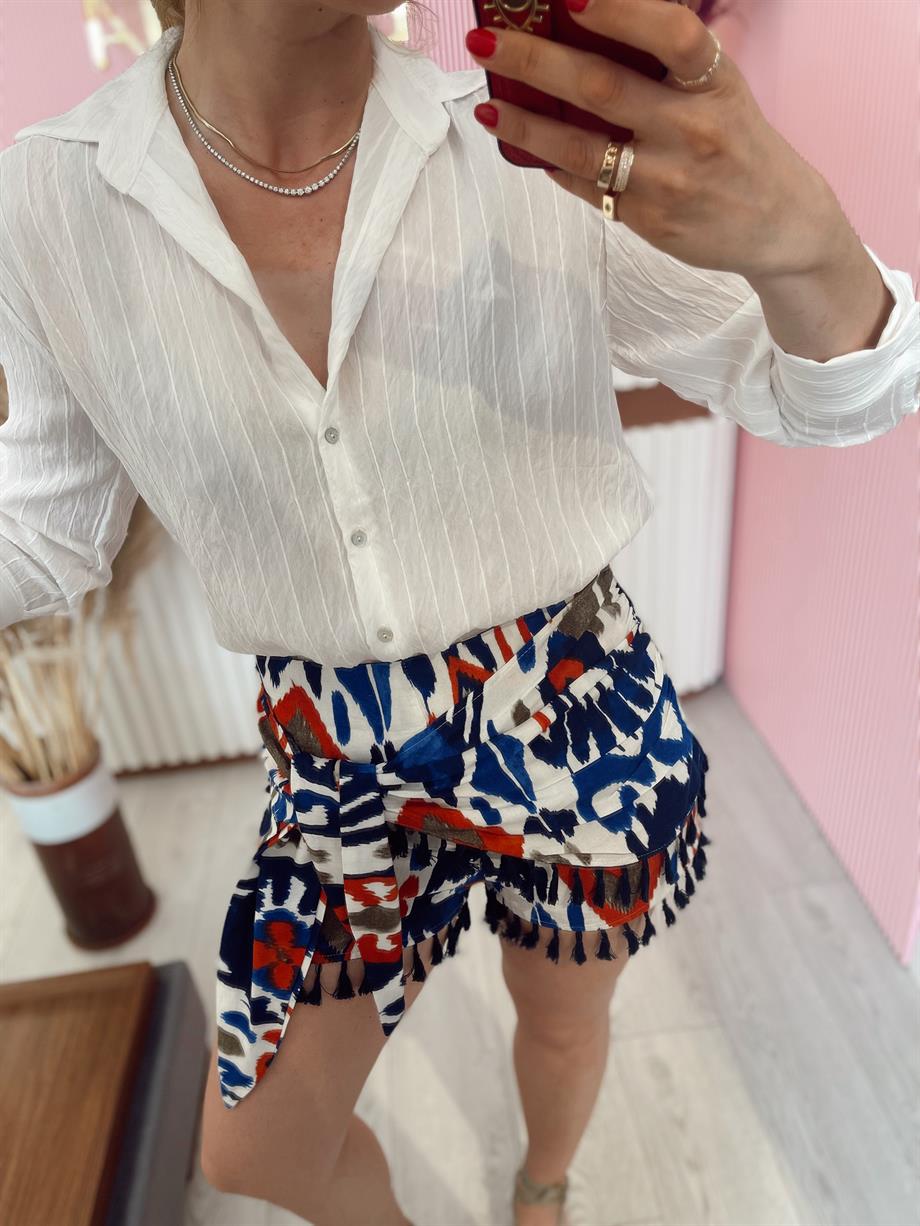 Mavi Şal Desenli Bağlamalı Şort