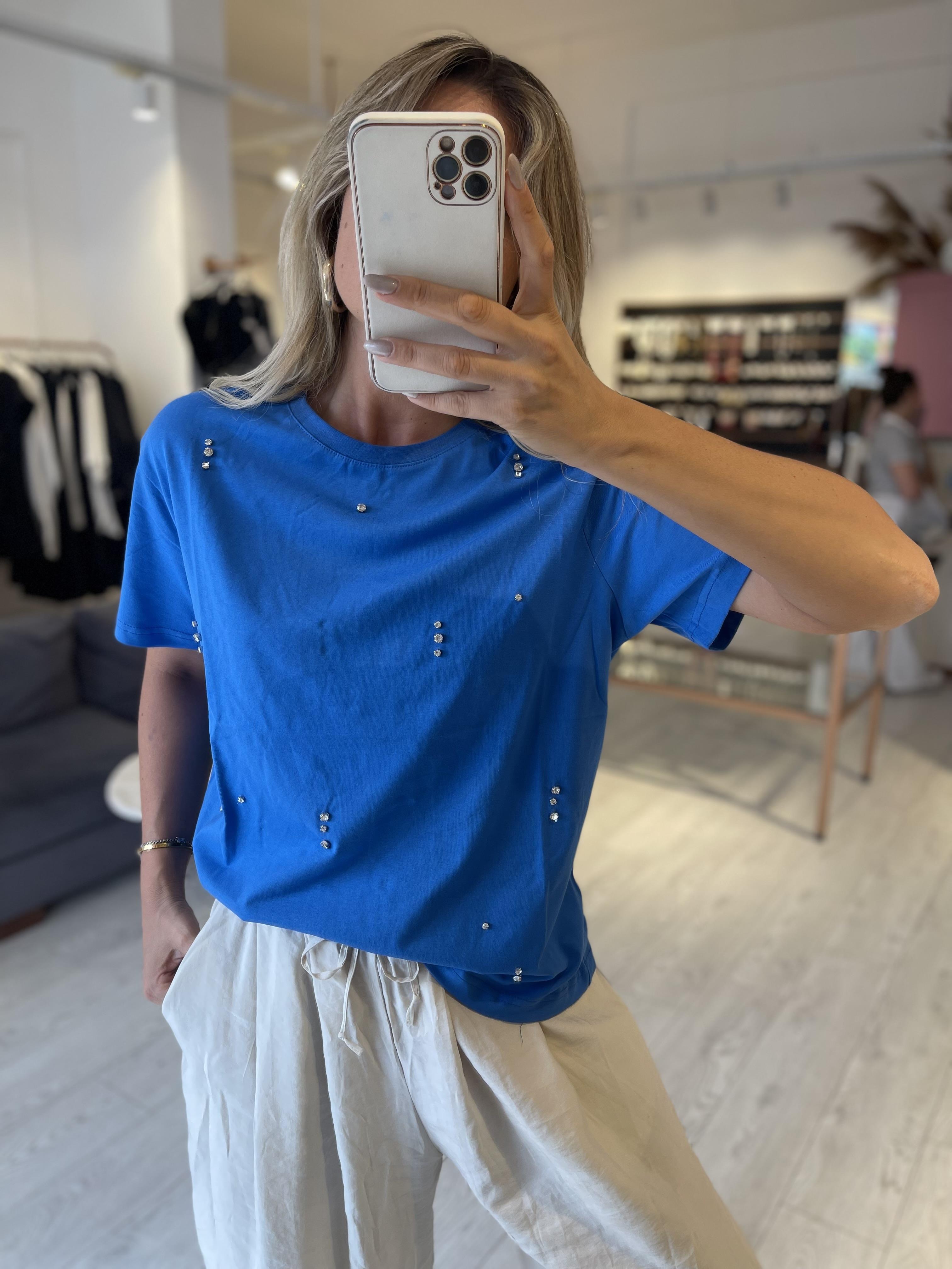 Mavi Taş İşlemeli Tshirt 