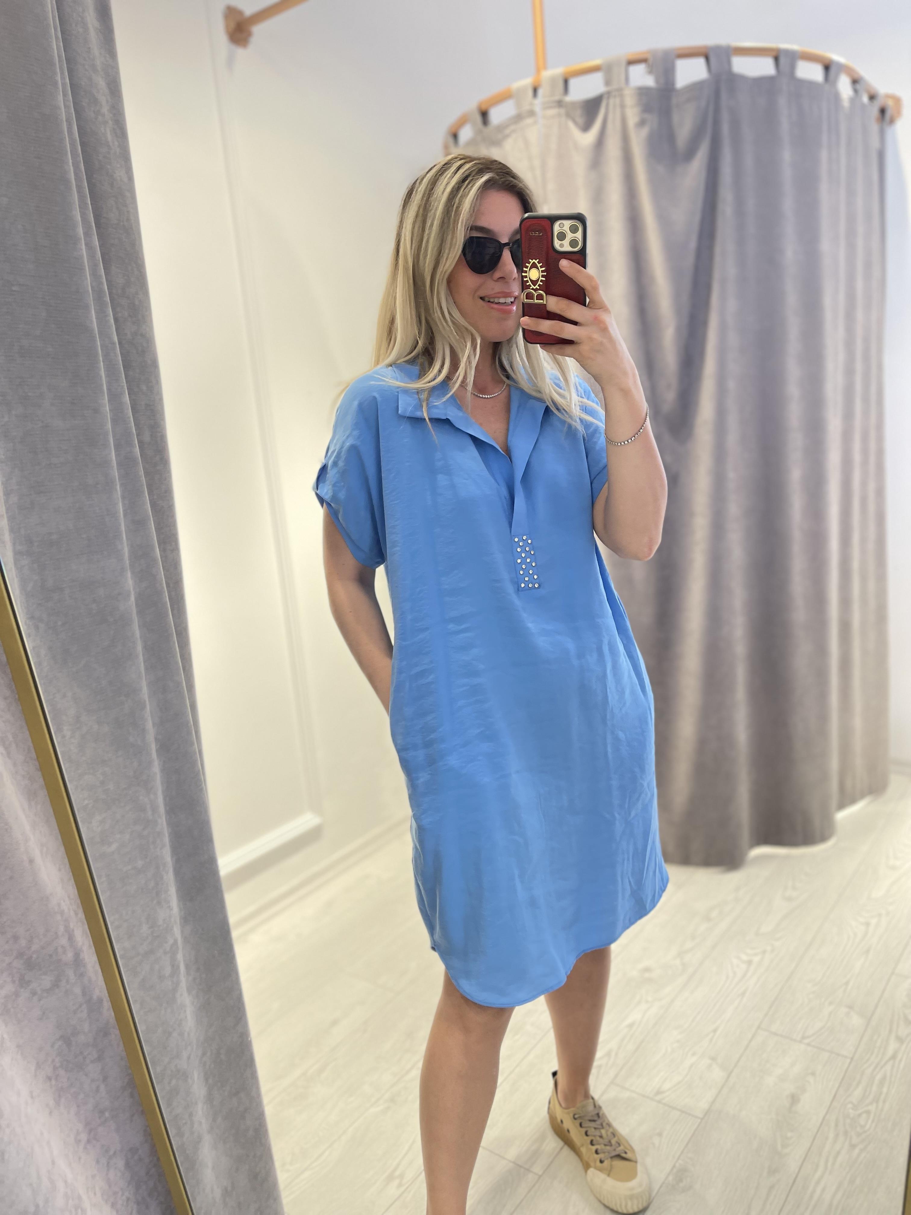 Mavi Tensel Taş Detaylı Elbise