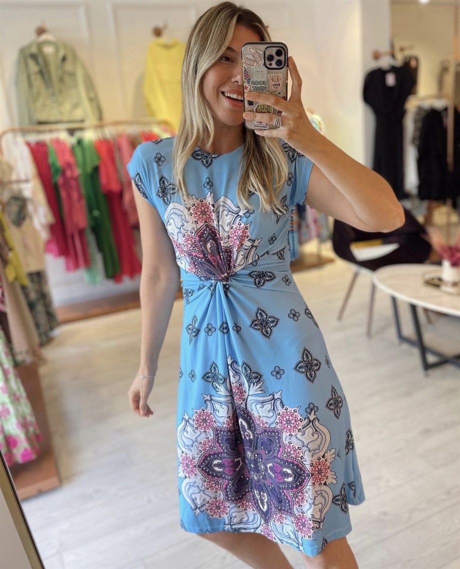 Mavi Vatkalı Midi Desenli Kadın Elbise