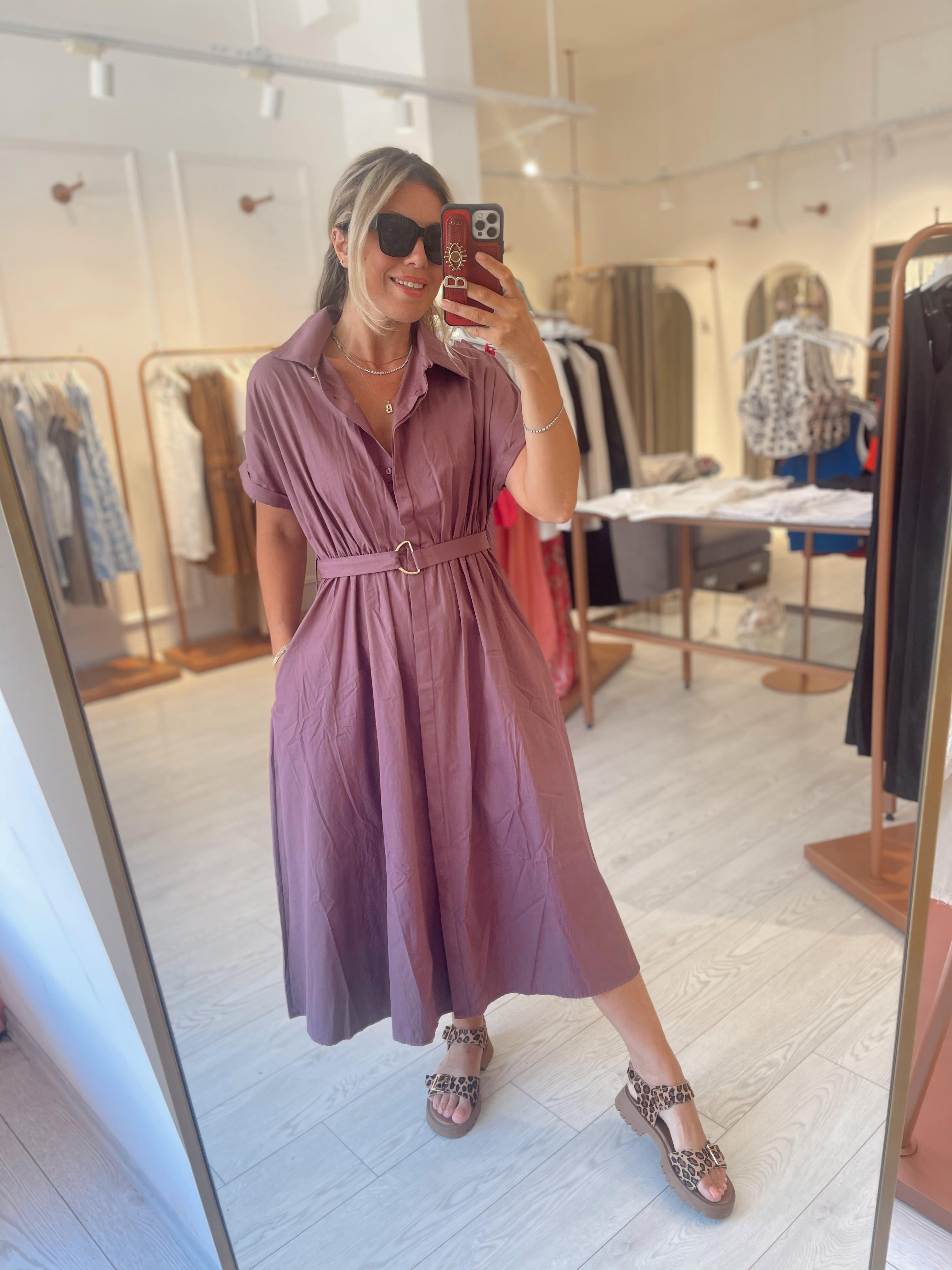 Mor Yarım Kollu Tokalı Cepli Midi Elbise