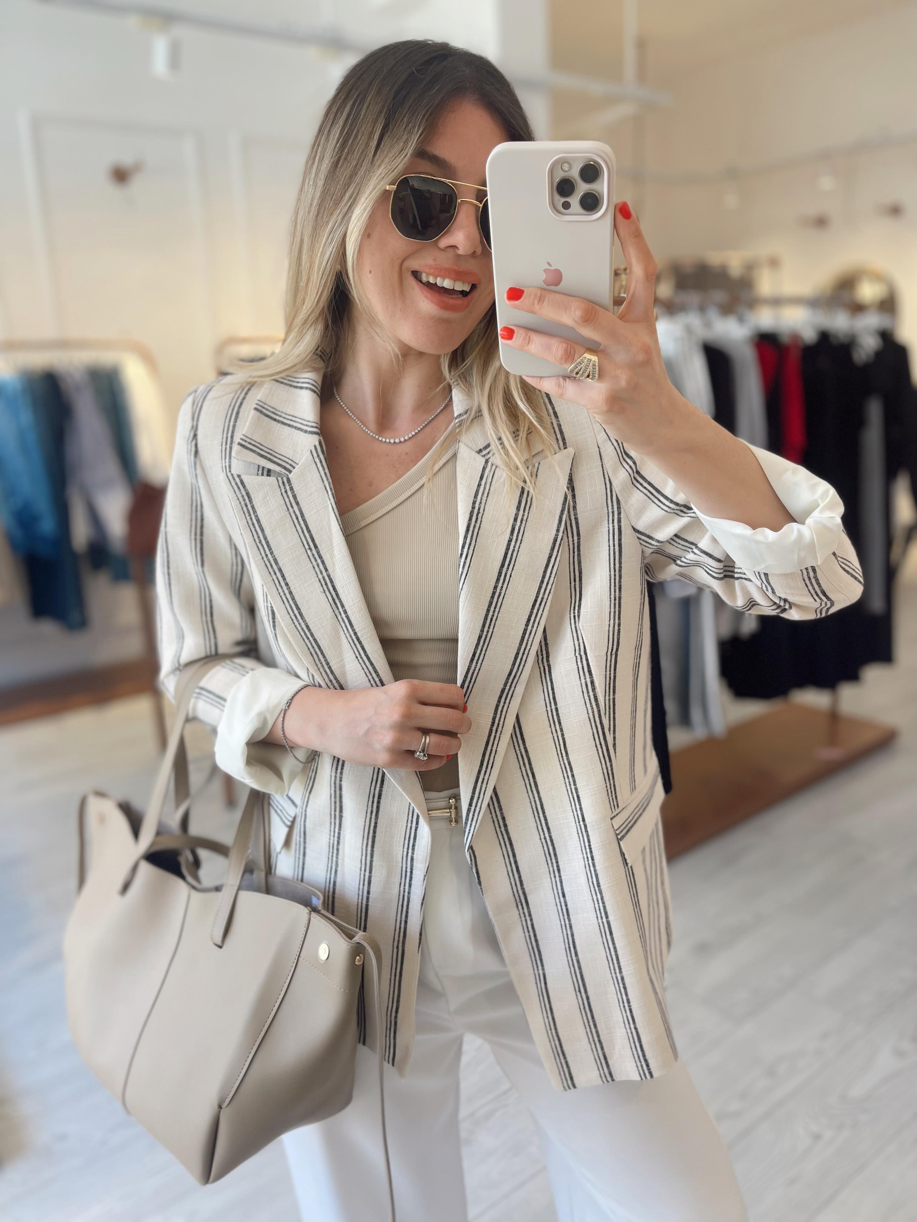 Pamuk Keten Premium Taş-Lacivert Çizgili  Blazer · 6