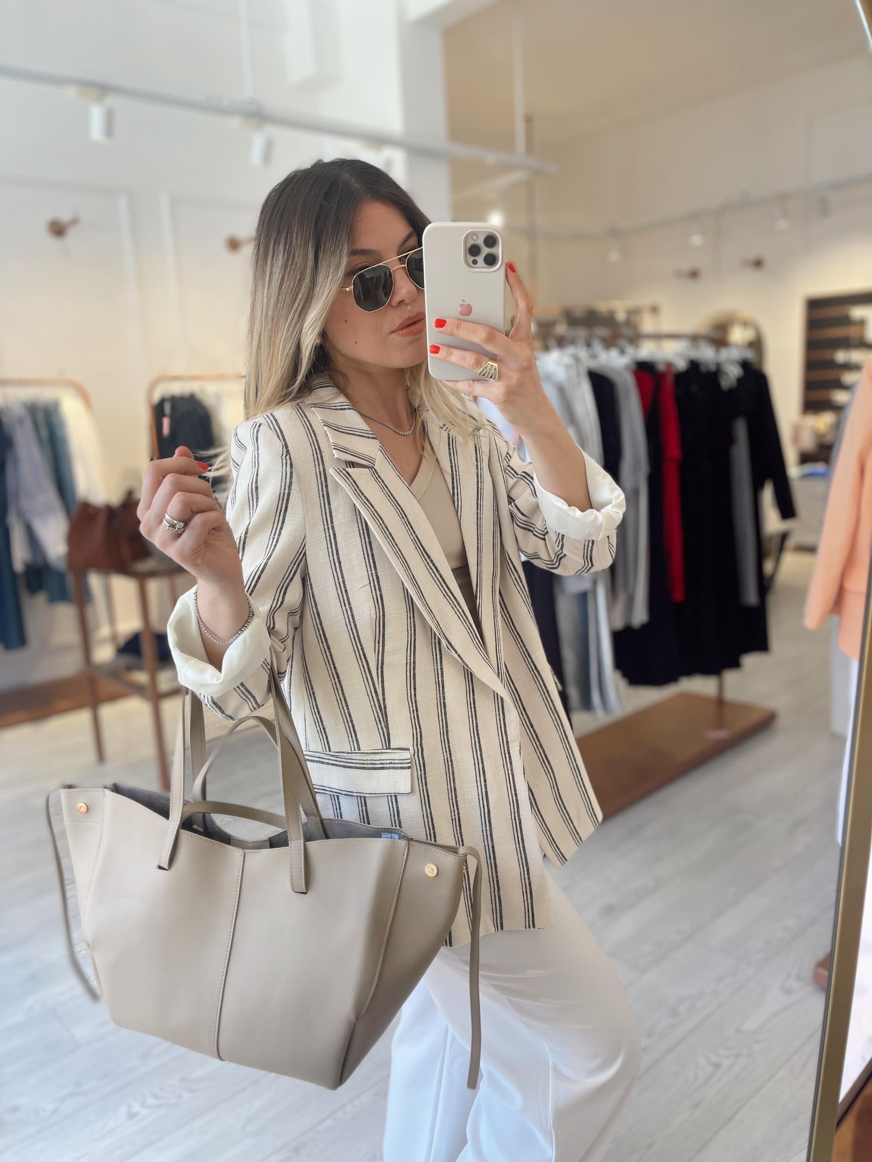 Pamuk Keten Premium Taş-Lacivert Çizgili  Blazer