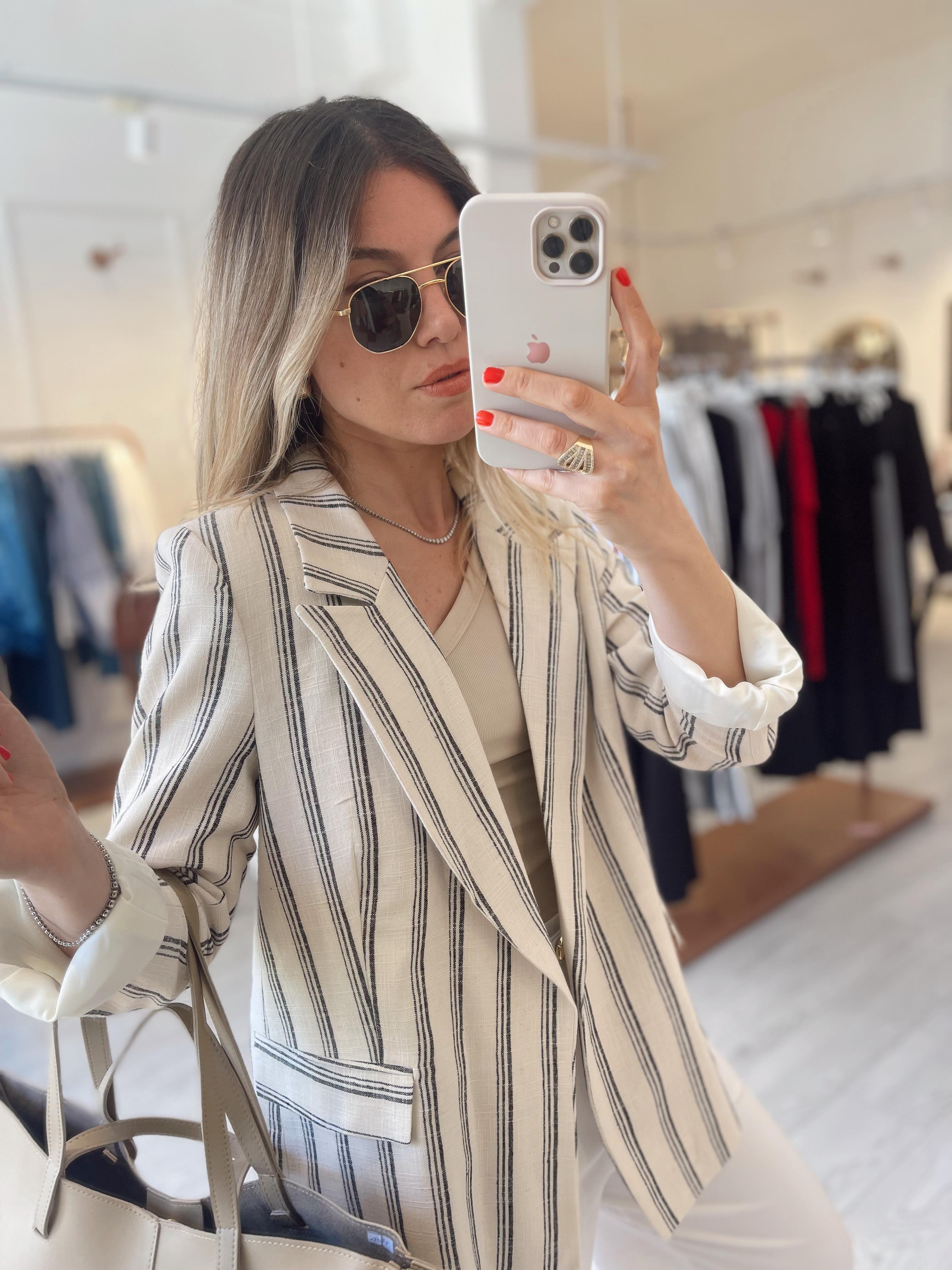 Pamuk Keten Premium Taş-Lacivert Çizgili  Blazer · 8