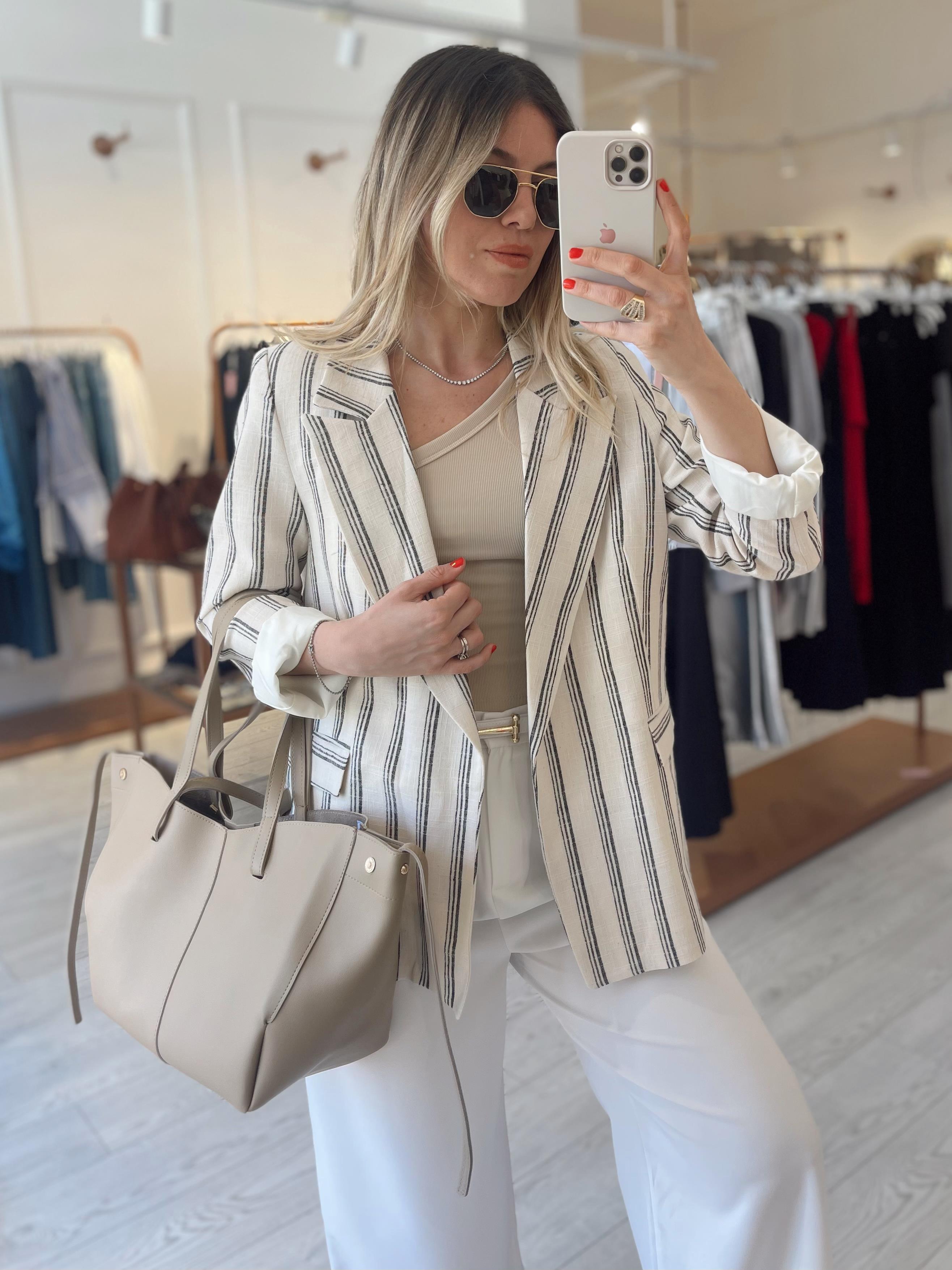 Pamuk Keten Premium Taş-Lacivert Çizgili  Blazer · 2